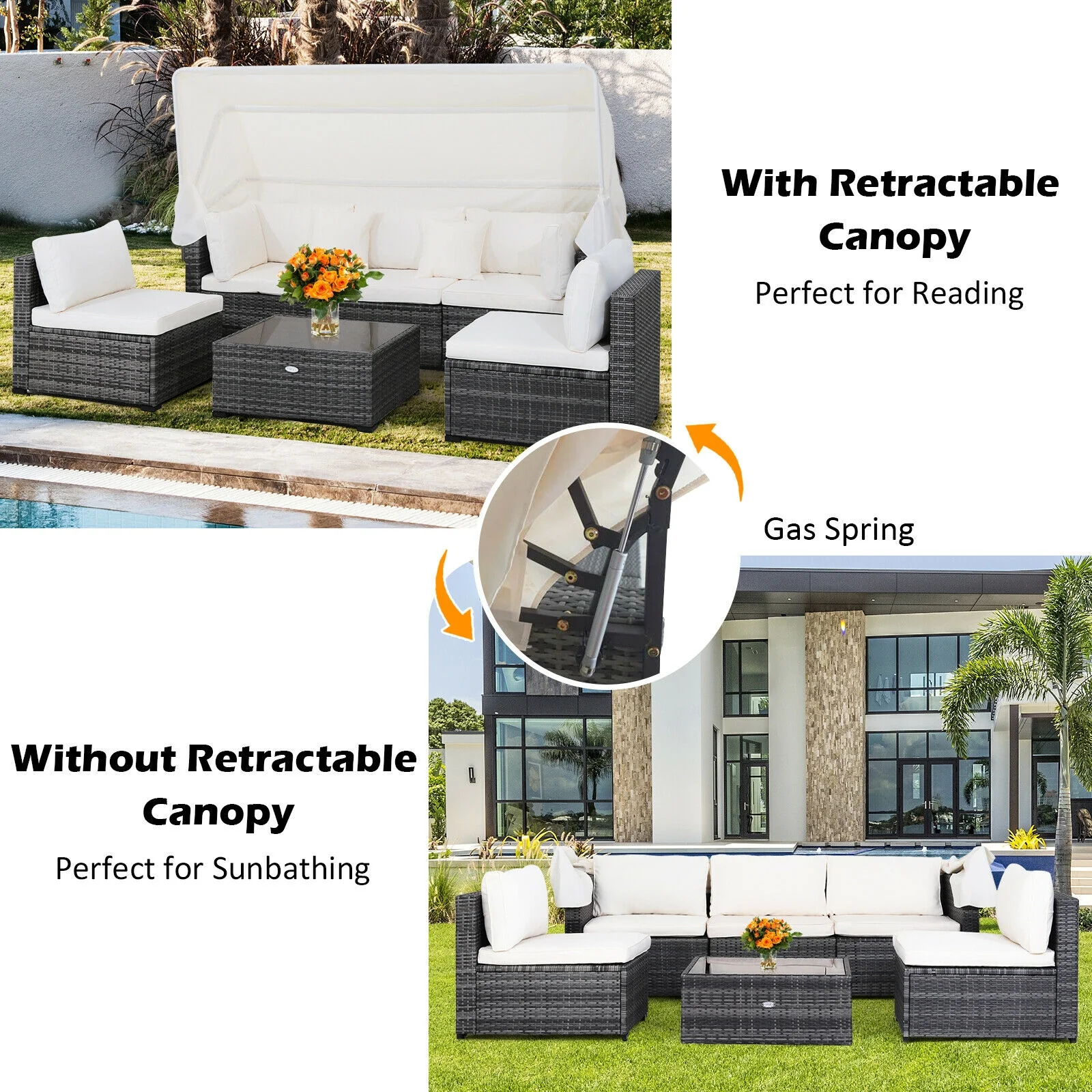 6-Piece Patio Rattan Furniture Set, Retractable Canopy, Gray - Image 10