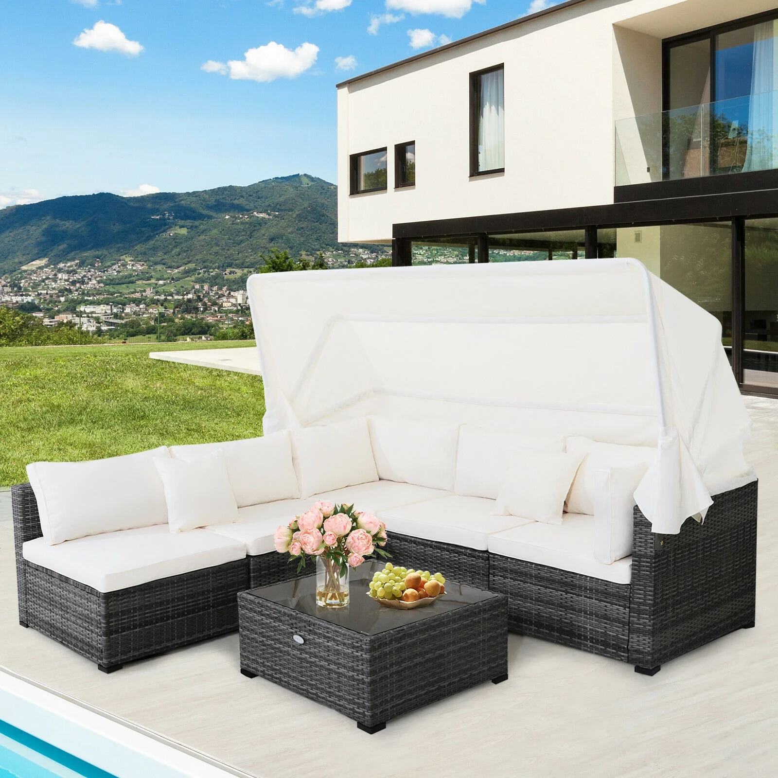 6-Piece Patio Rattan Furniture Set, Retractable Canopy, Gray - Image 2