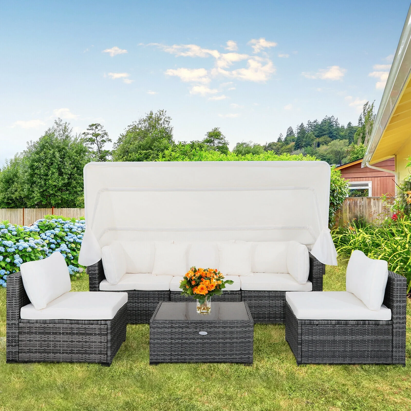 6-Piece Patio Rattan Furniture Set, Retractable Canopy, Gray - Image 3