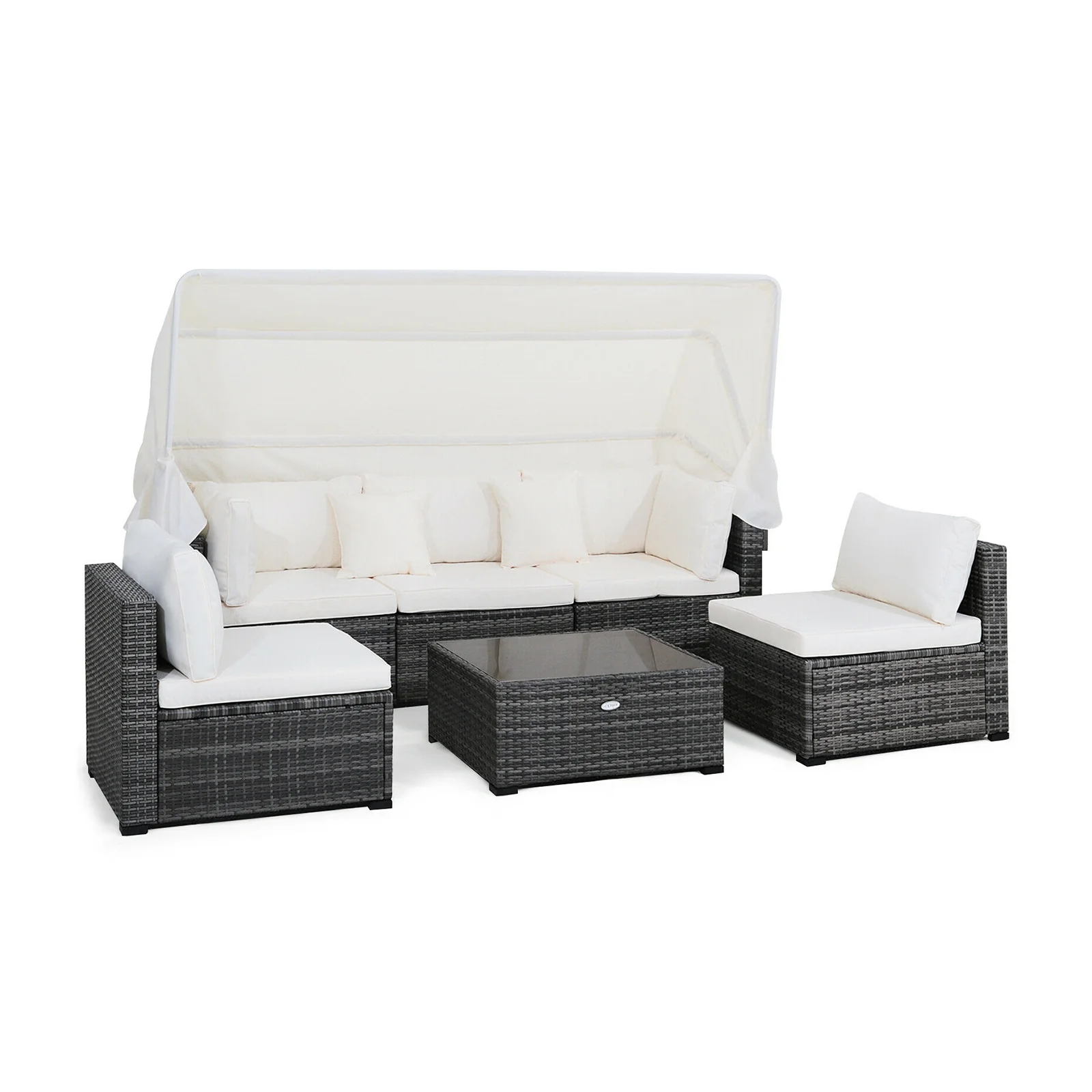6-Piece Patio Rattan Furniture Set, Retractable Canopy, Gray - Image 4