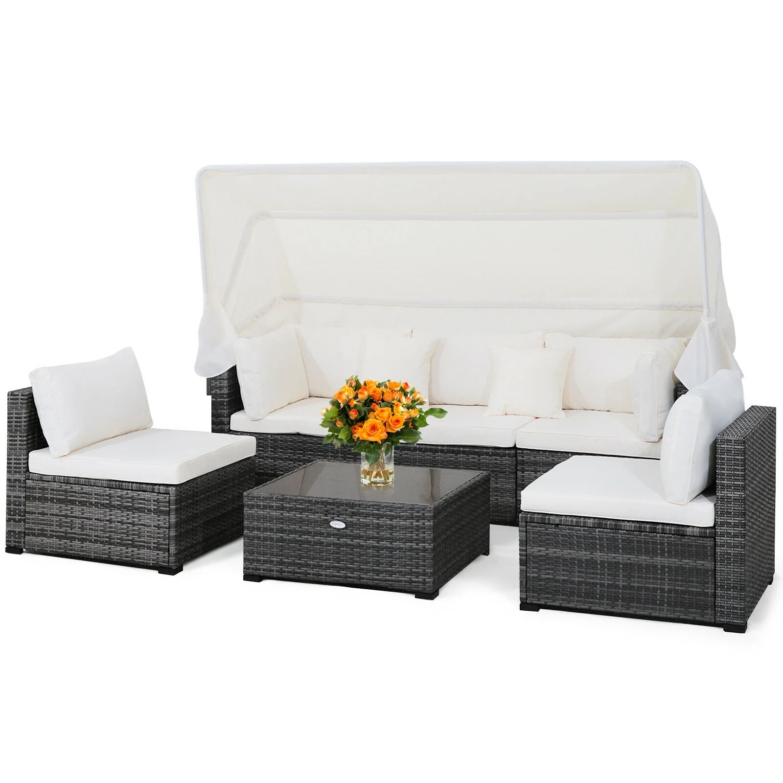 6-Piece Patio Rattan Furniture Set, Retractable Canopy, Gray - Image 5