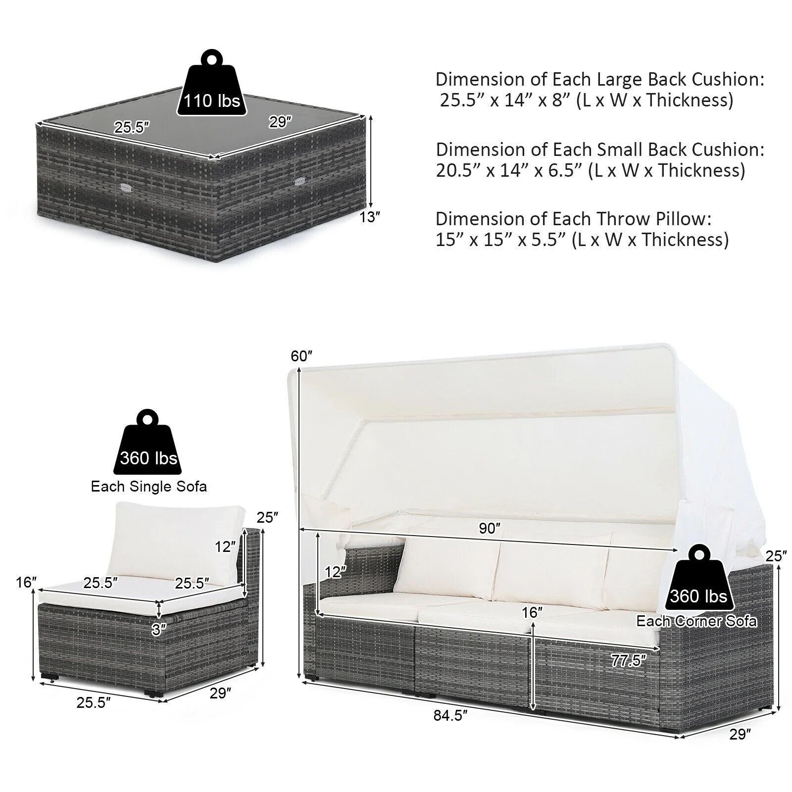 6-Piece Patio Rattan Furniture Set, Retractable Canopy, Gray - Image 6
