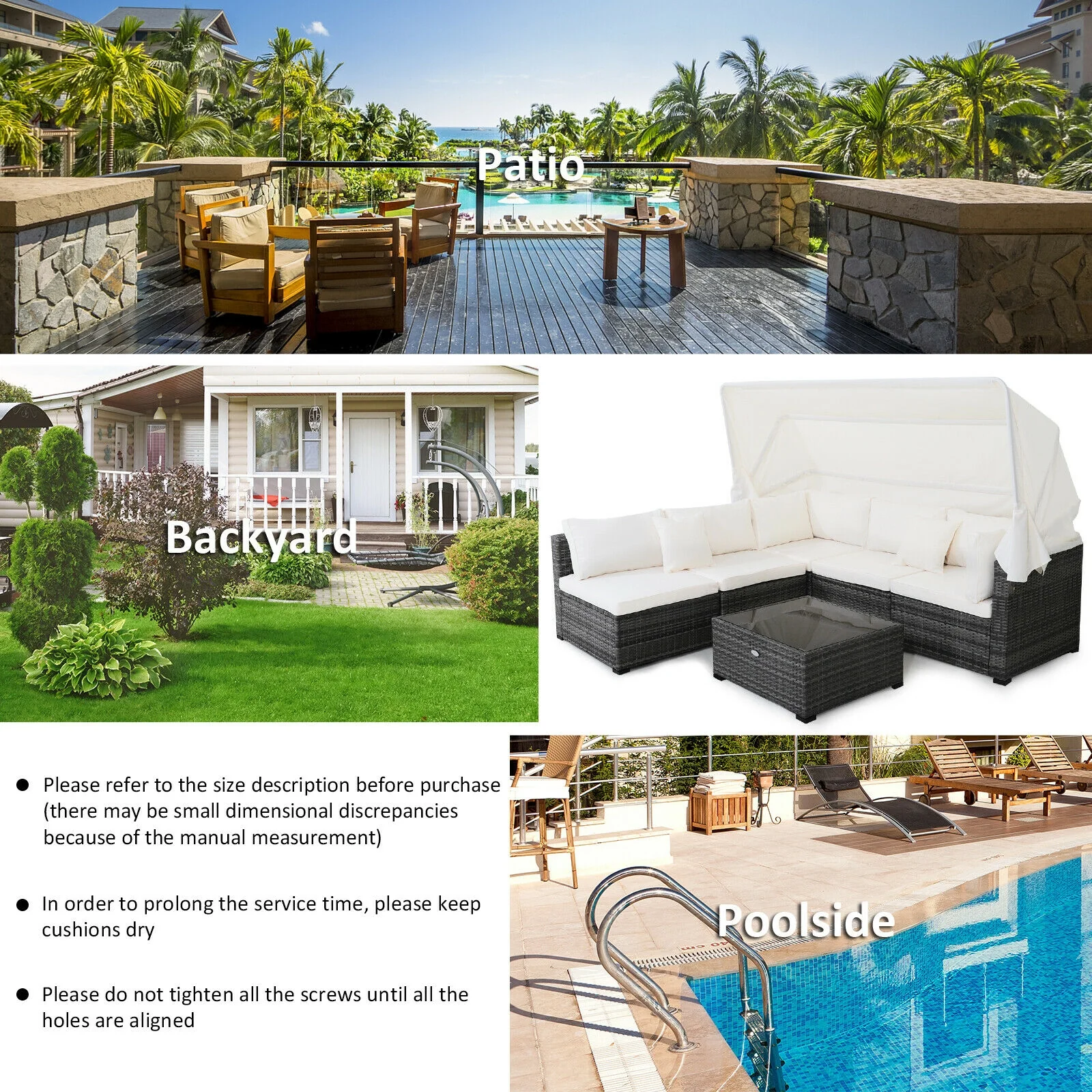 6-Piece Patio Rattan Furniture Set, Retractable Canopy, Gray - Image 7