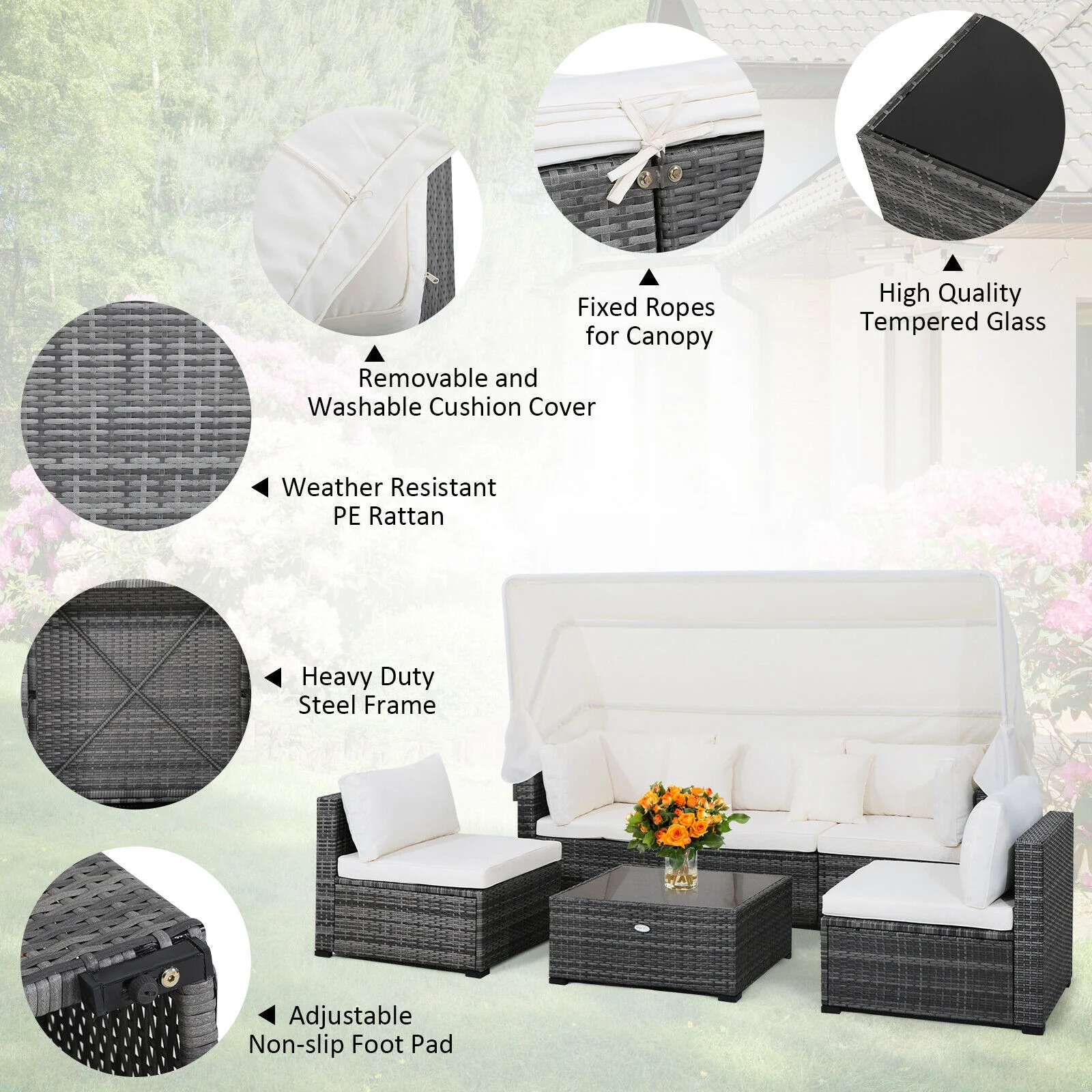 6-Piece Patio Rattan Furniture Set, Retractable Canopy, Gray - Image 8