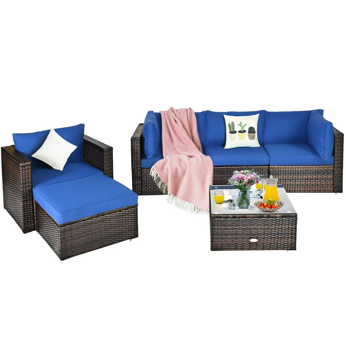 6 Piece Patio Rattan Furniture Set, Sectional Cushion, Blue