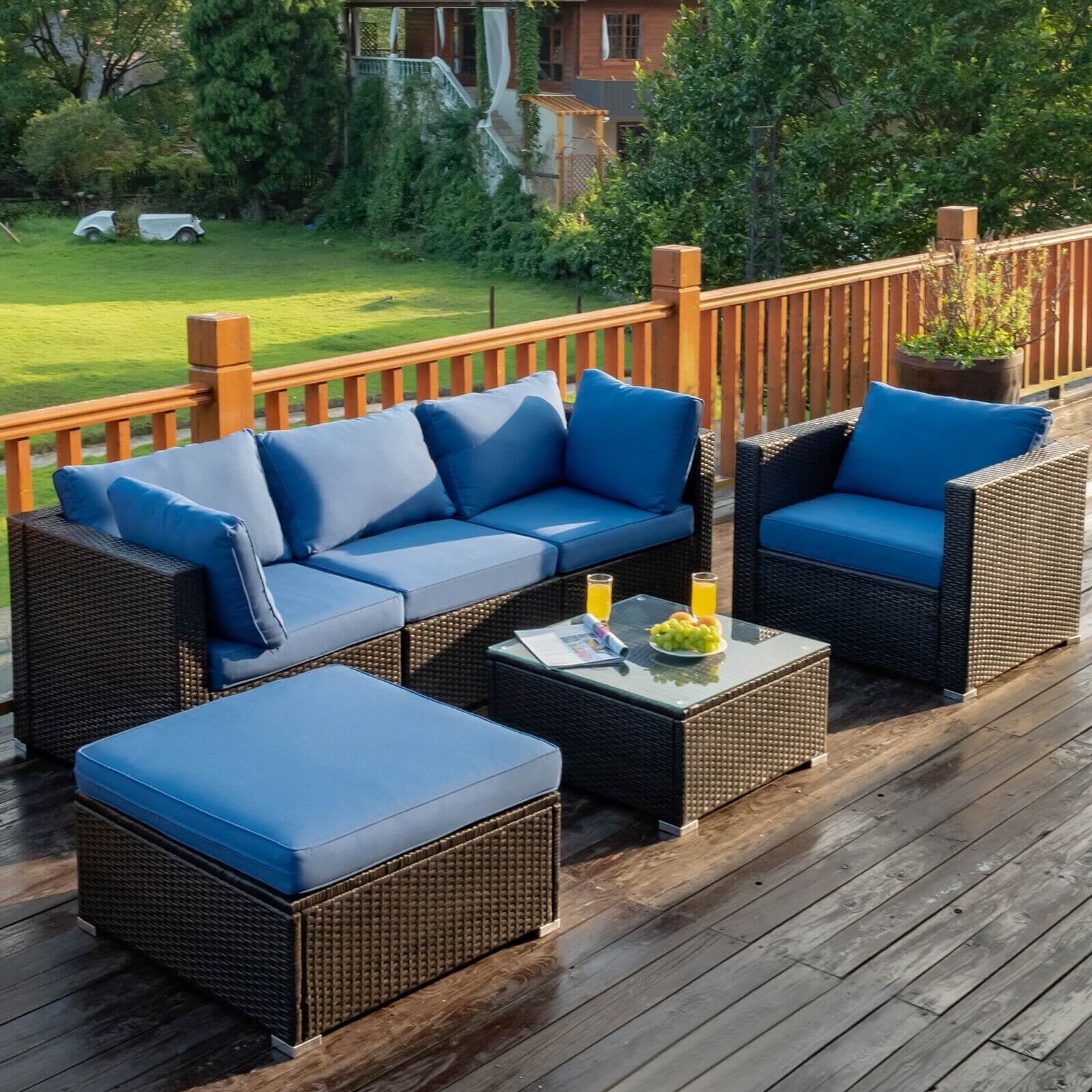 6 Piece Patio Rattan Furniture Set, Sectional Cushion, Blue - Image 10