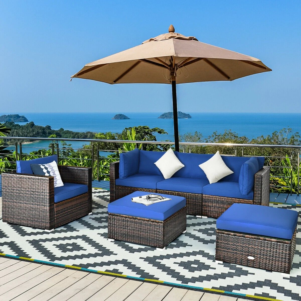 6 Piece Patio Rattan Furniture Set, Sectional Cushion, Blue - Image 2