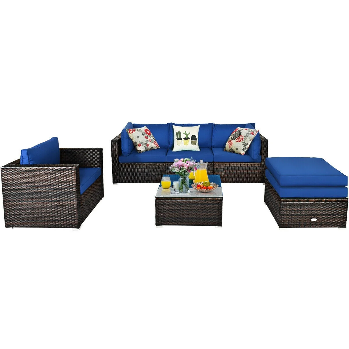 6 Piece Patio Rattan Furniture Set, Sectional Cushion, Blue - Image 3