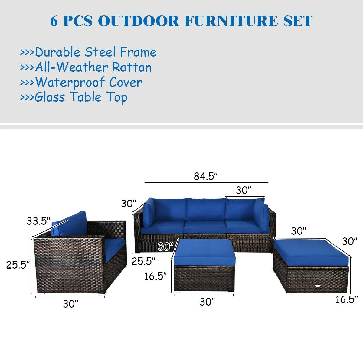 6 Piece Patio Rattan Furniture Set, Sectional Cushion, Blue - Image 5