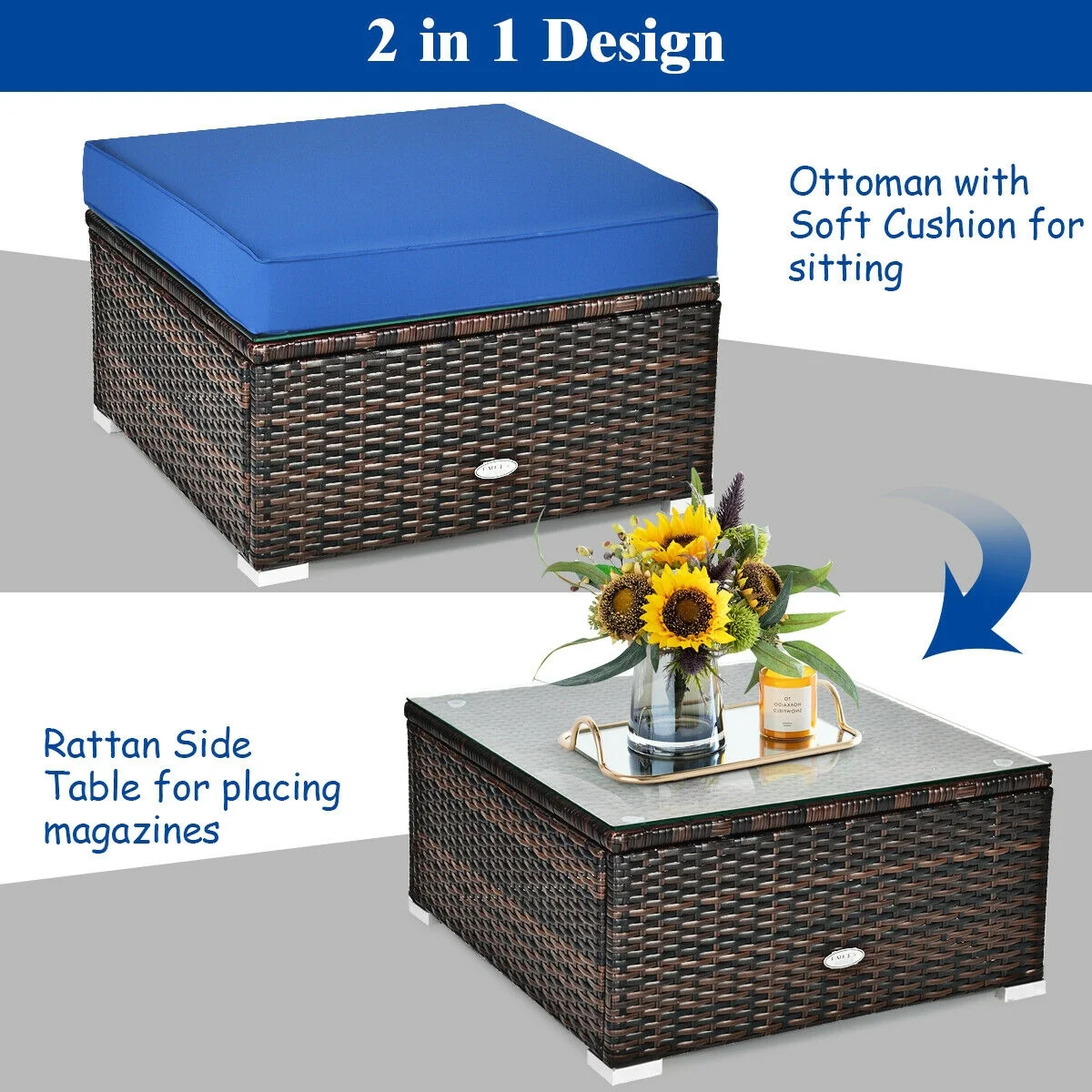 6 Piece Patio Rattan Furniture Set, Sectional Cushion, Blue - Image 6