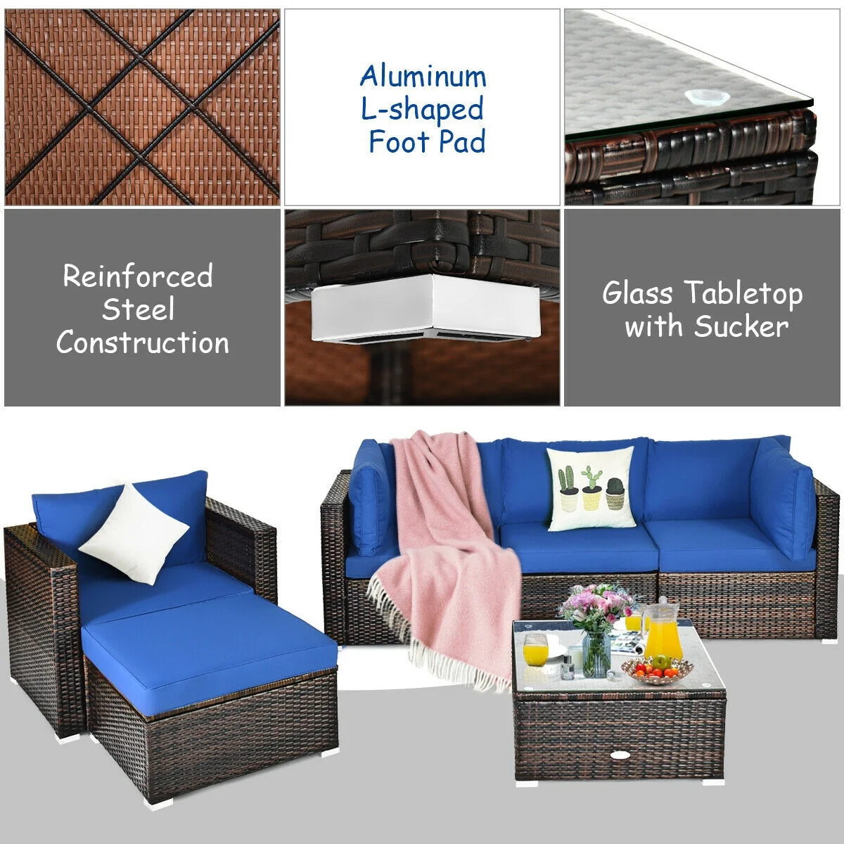 6 Piece Patio Rattan Furniture Set, Sectional Cushion, Blue - Image 7