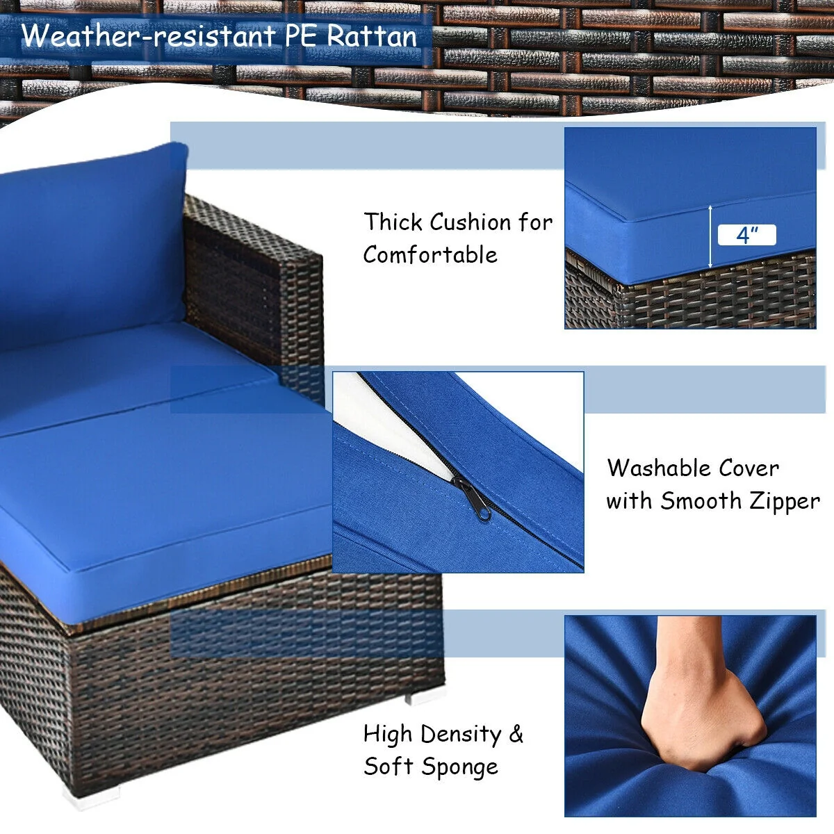 6 Piece Patio Rattan Furniture Set, Sectional Cushion, Blue - Image 8