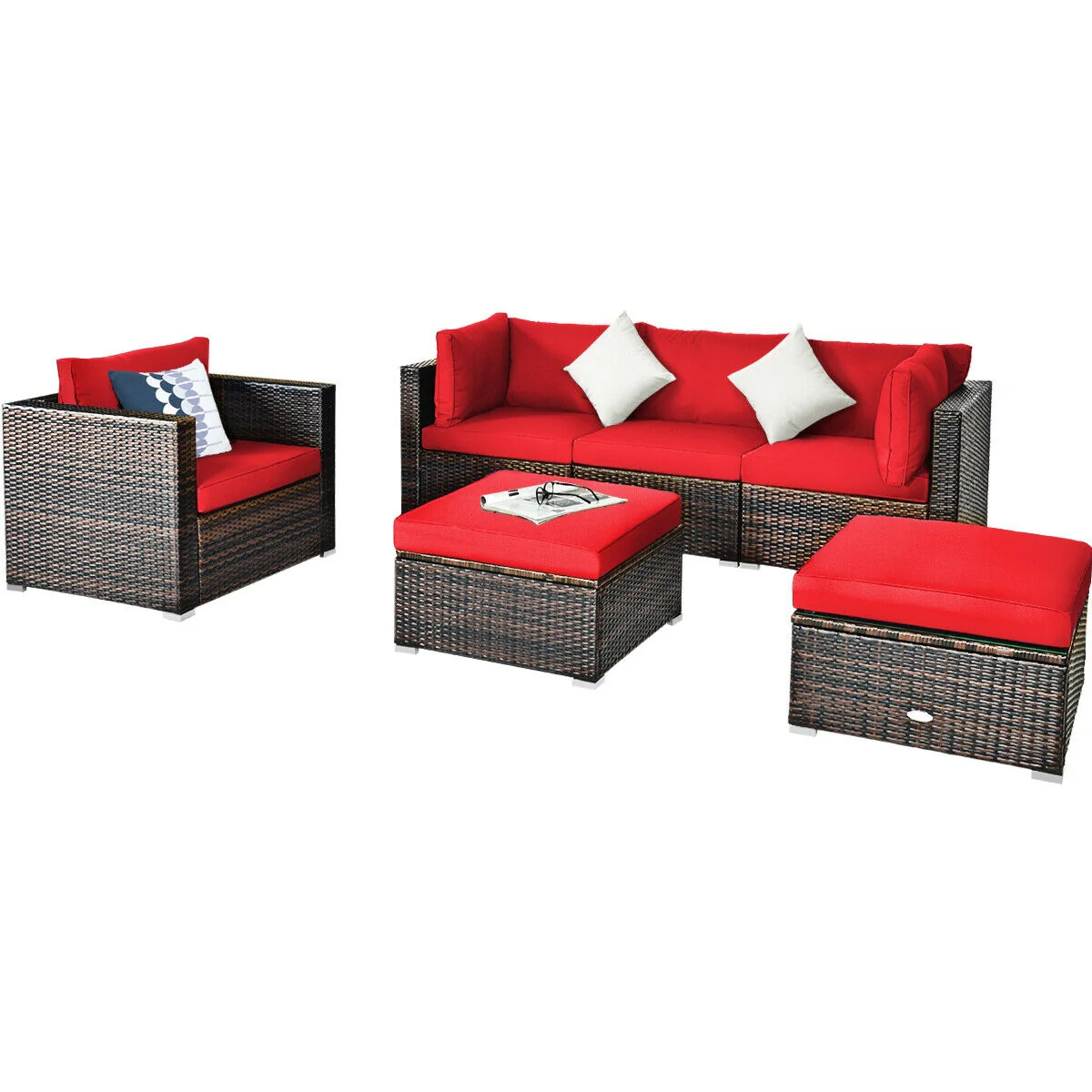 6 Piece Patio Rattan Furniture Set, Sectional Cushion, Red