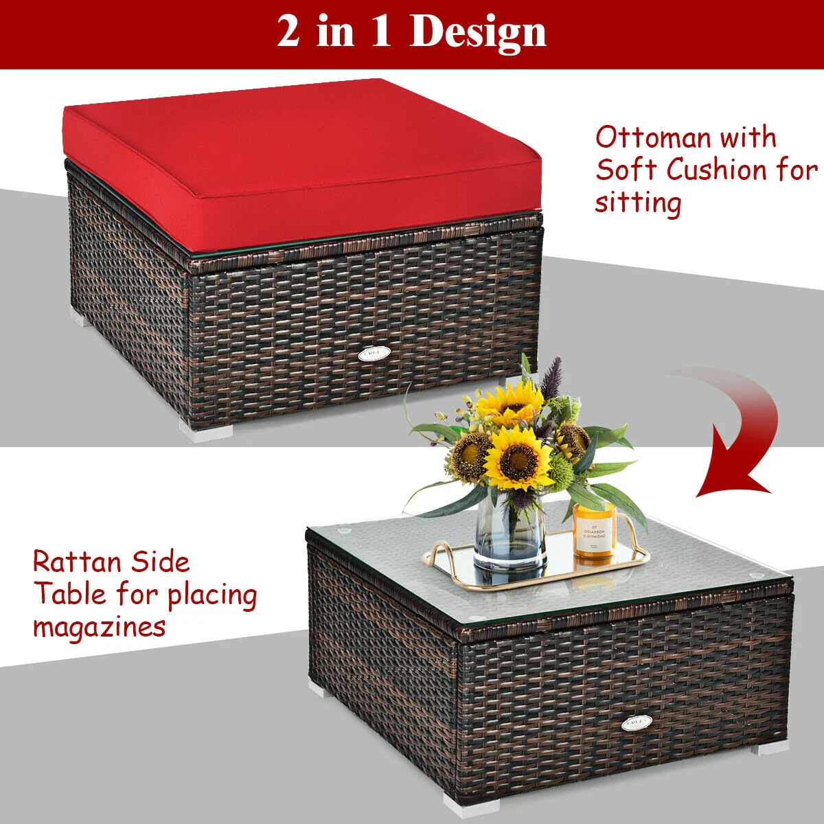 6 Piece Patio Rattan Furniture Set, Sectional Cushion, Red - Image 10