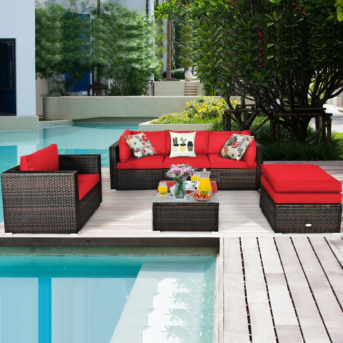 6 Piece Patio Rattan Furniture Set, Sectional Cushion, Red - Image 2