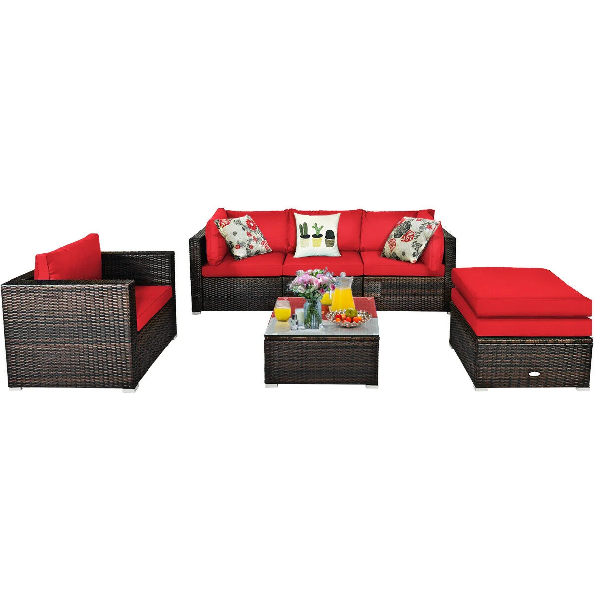 6 Piece Patio Rattan Furniture Set, Sectional Cushion, Red - Image 5