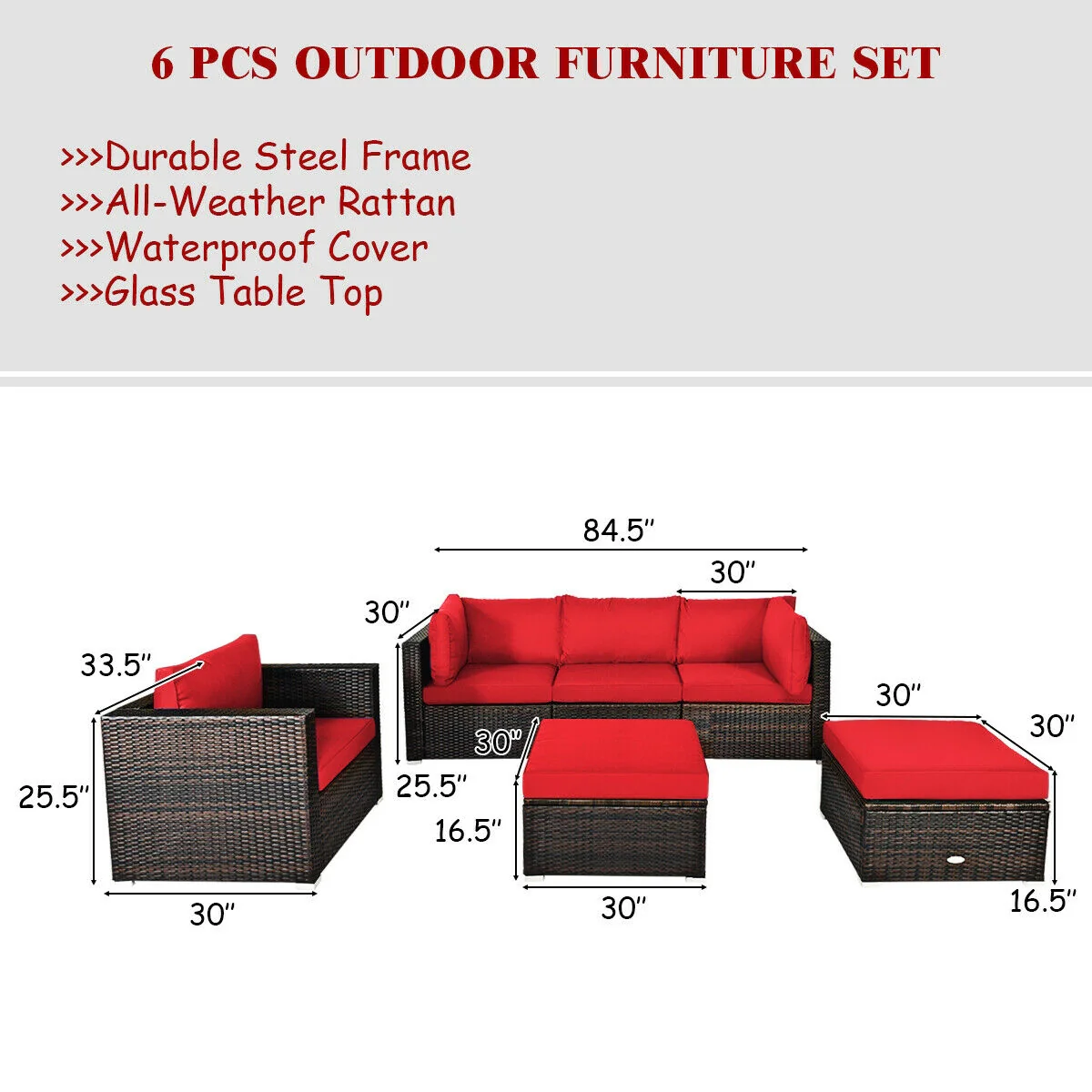 6 Piece Patio Rattan Furniture Set, Sectional Cushion, Red - Image 6