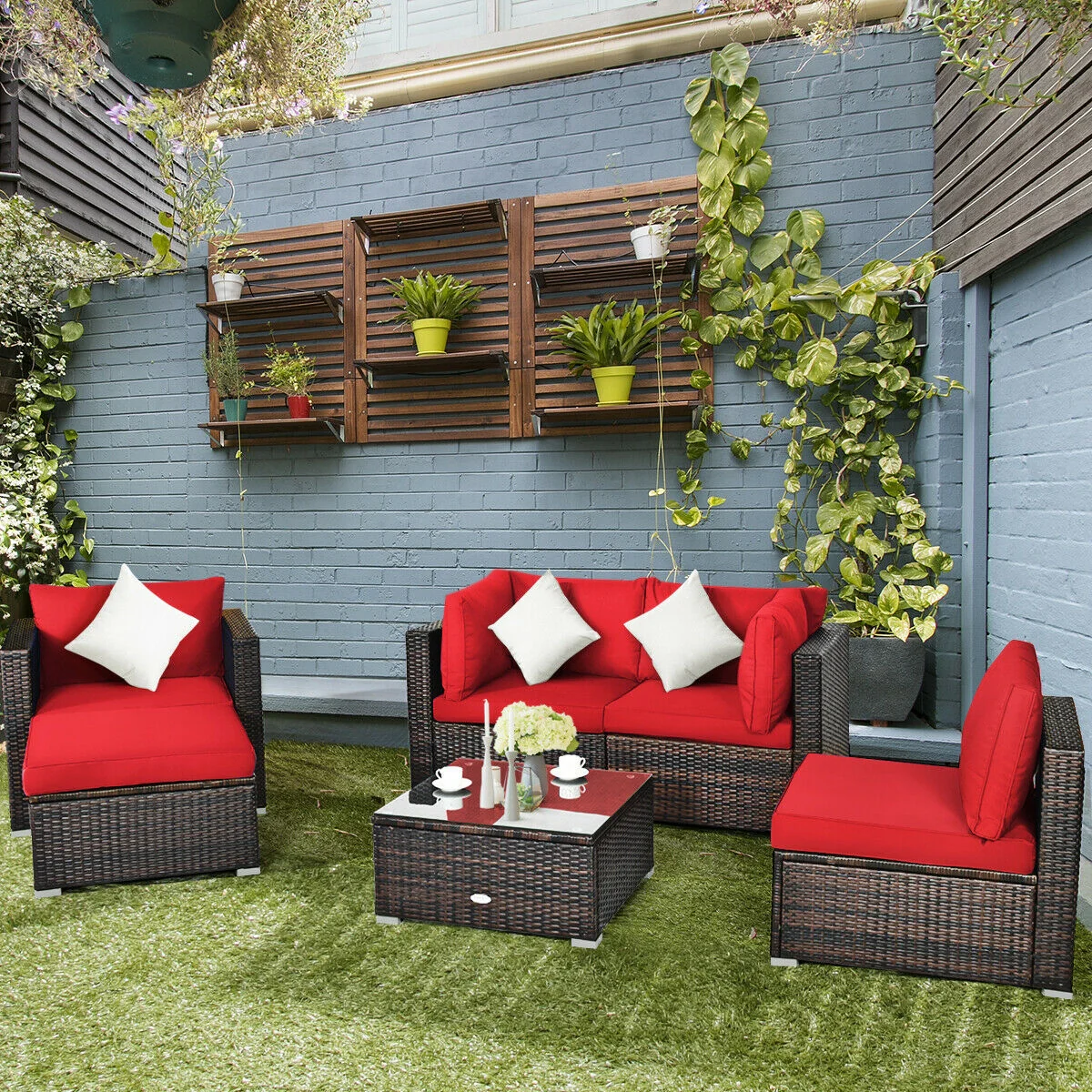 6 Piece Patio Rattan Furniture Set, Sectional Cushion, Red - Image 7