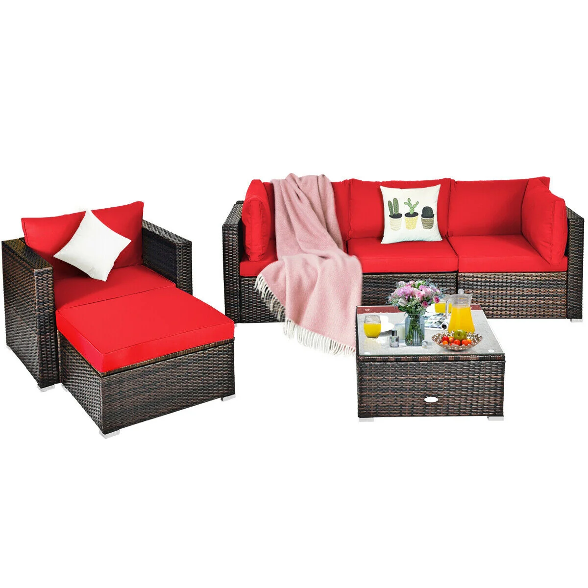 6 Piece Patio Rattan Furniture Set, Sectional Cushion, Red - Image 8