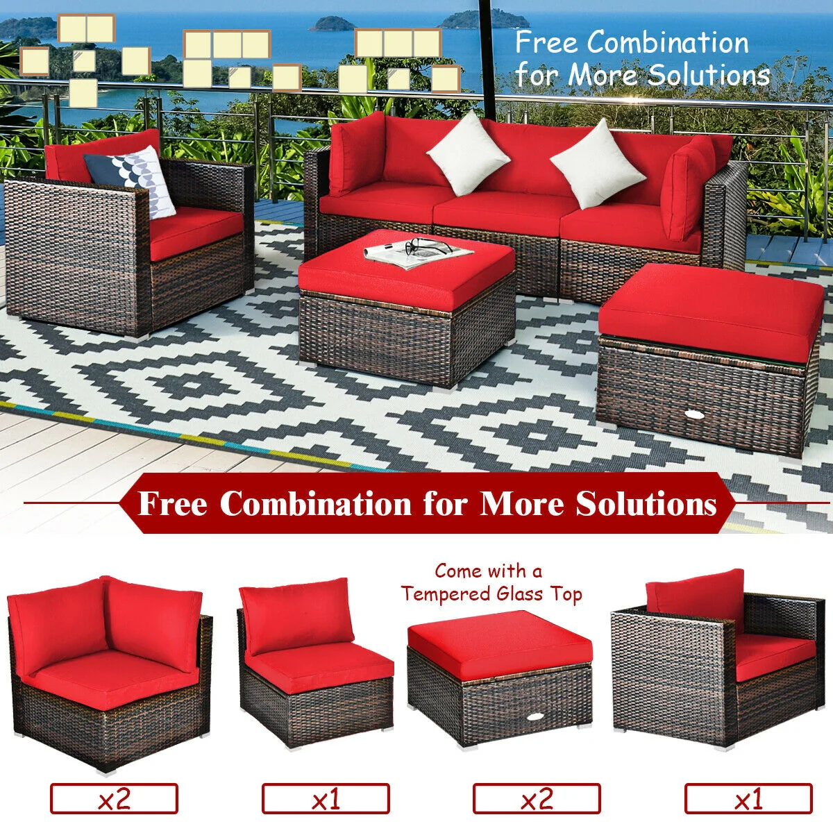 6 Piece Patio Rattan Furniture Set, Sectional Cushion, Red - Image 9