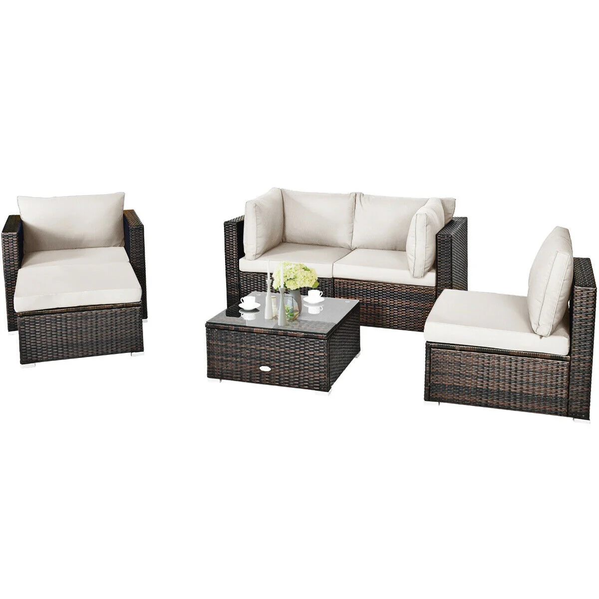 6-Piece Patio Rattan Furniture Set, Sectional Cushion, White - Image 10
