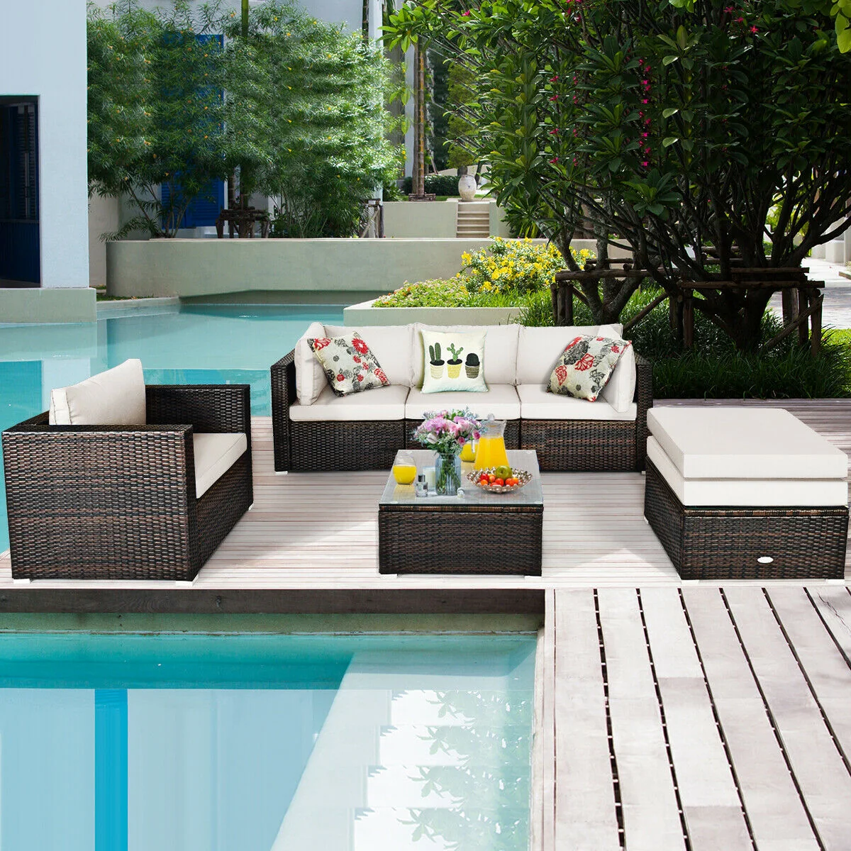 6-Piece Patio Rattan Furniture Set, Sectional Cushion, White - Image 2