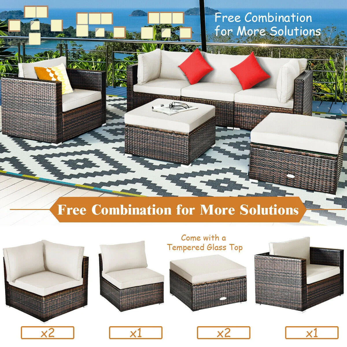 6-Piece Patio Rattan Furniture Set, Sectional Cushion, White - Image 3