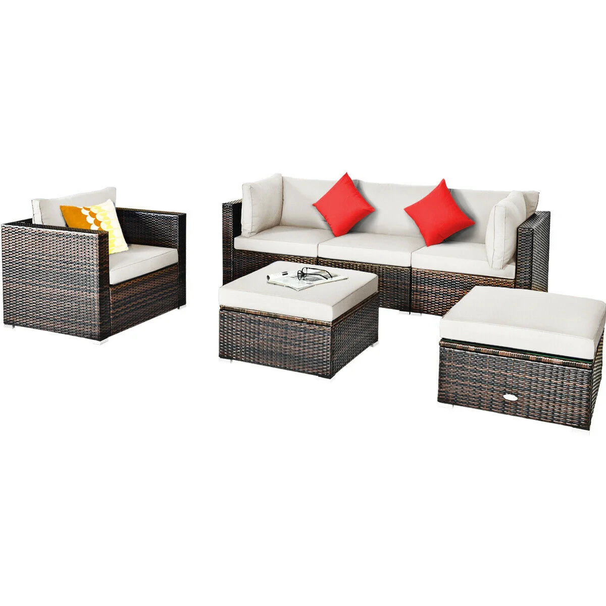 6-Piece Patio Rattan Furniture Set, Sectional Cushion, White - Image 4
