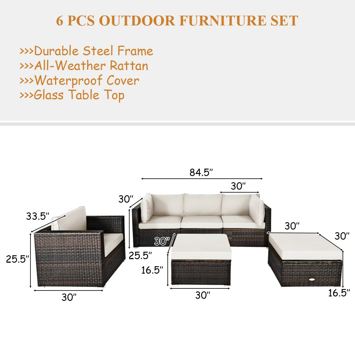 6-Piece Patio Rattan Furniture Set, Sectional Cushion, White - Image 5