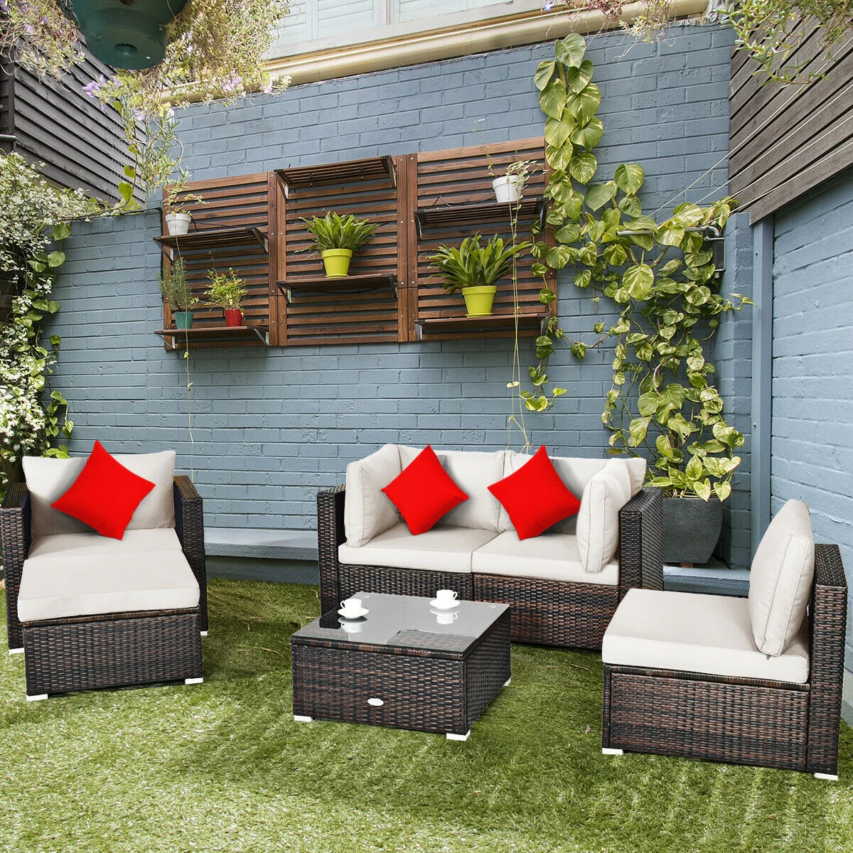 6-Piece Patio Rattan Furniture Set, Sectional Cushion, White - Image 8