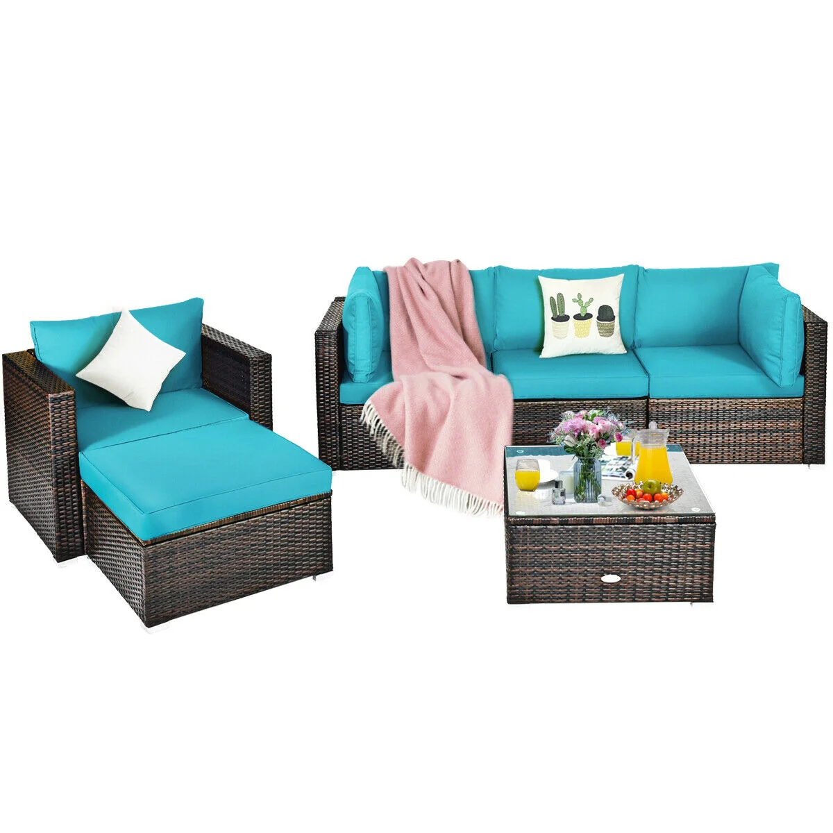 6-Piece Patio Rattan Furniture Set, Turquoise - Image 10