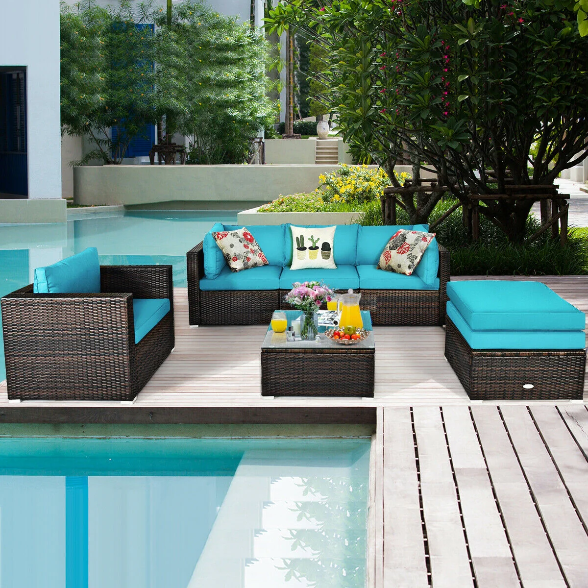 6-Piece Patio Rattan Furniture Set, Turquoise - Image 2