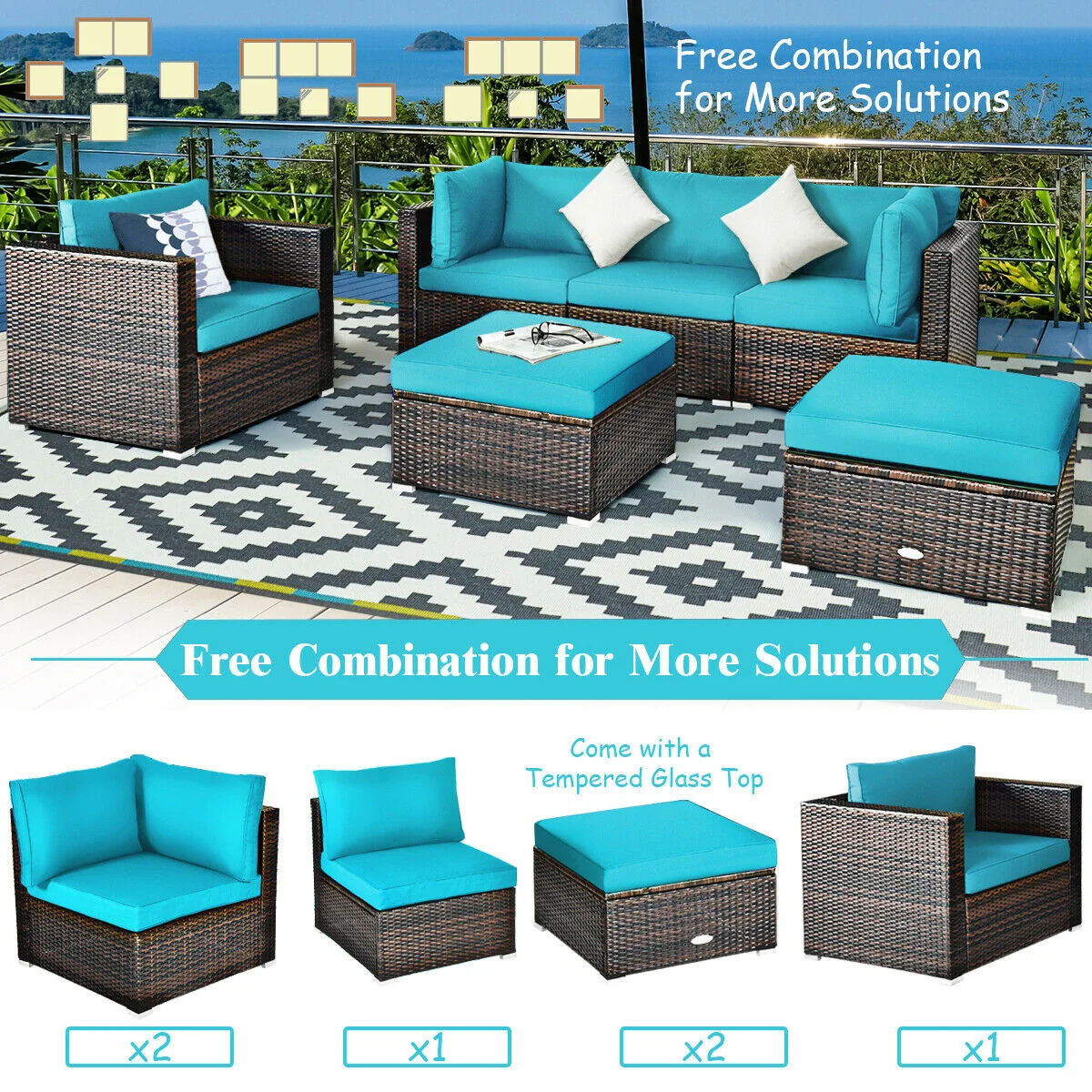 6-Piece Patio Rattan Furniture Set, Turquoise - Image 3