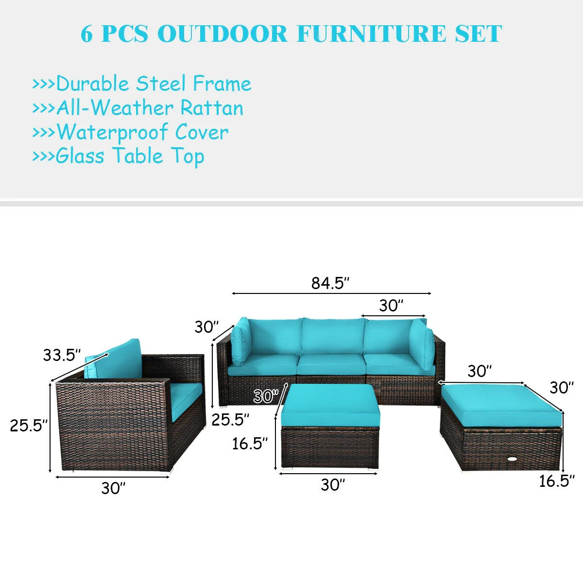 6-Piece Patio Rattan Furniture Set, Turquoise - Image 5
