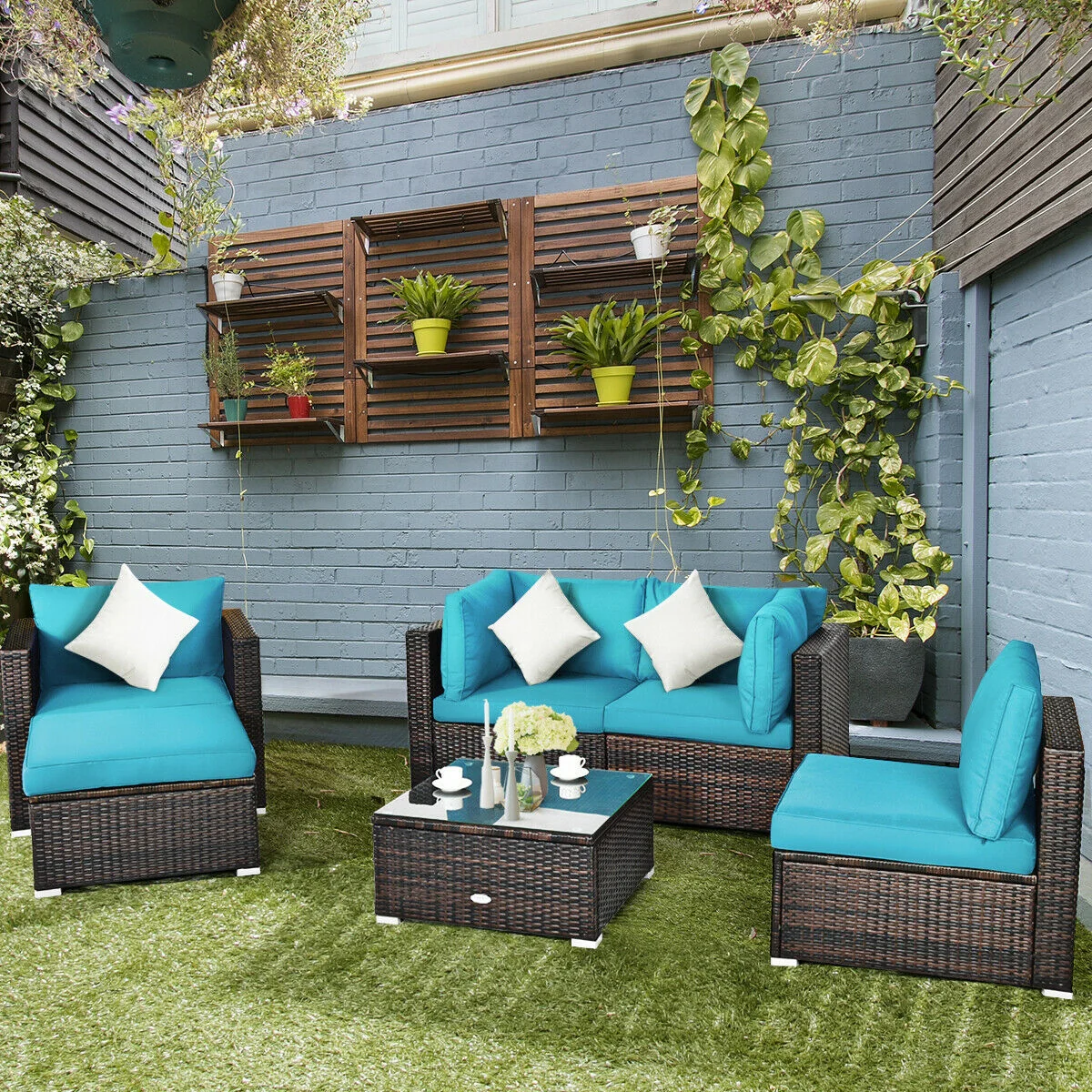 6-Piece Patio Rattan Furniture Set, Turquoise - Image 8
