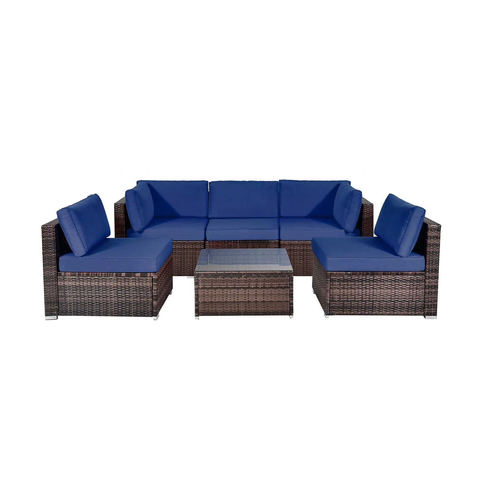 6-Piece Patio Rattan Furniture Set, With Cushions And Glass Coffee Table, Navy