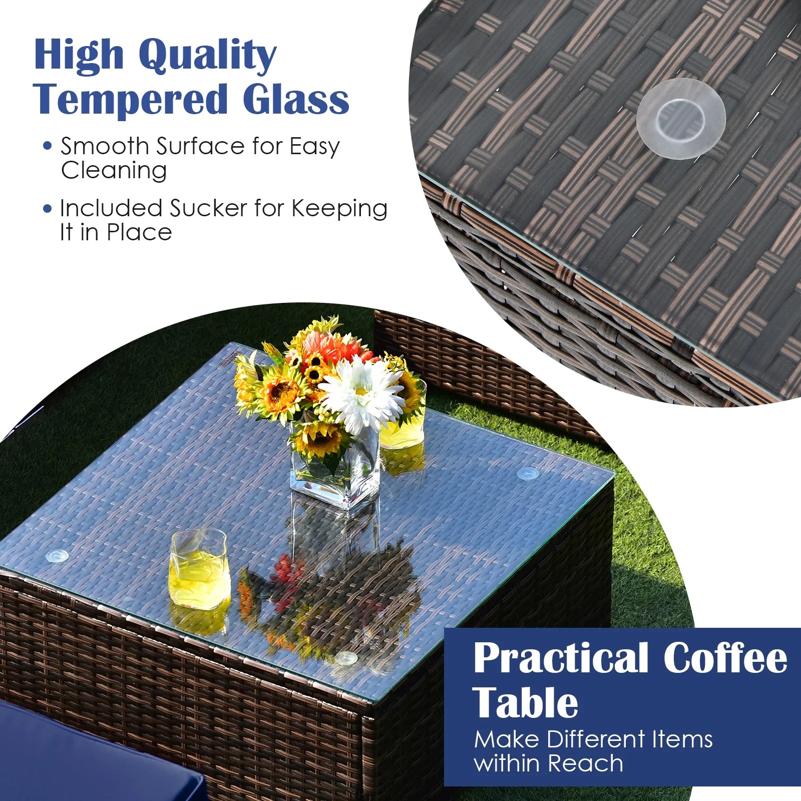 6-Piece Patio Rattan Furniture Set, With Cushions And Glass Coffee Table, Navy - Image 10