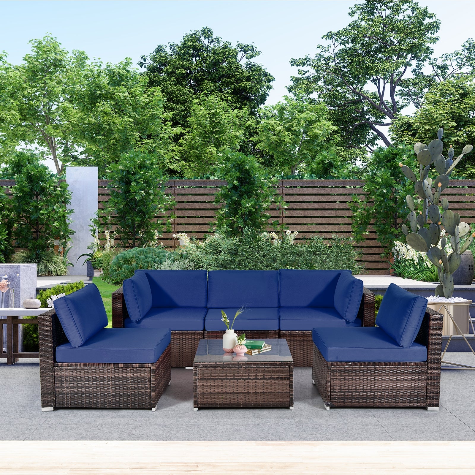 6-Piece Patio Rattan Furniture Set, With Cushions And Glass Coffee Table, Navy - Image 2