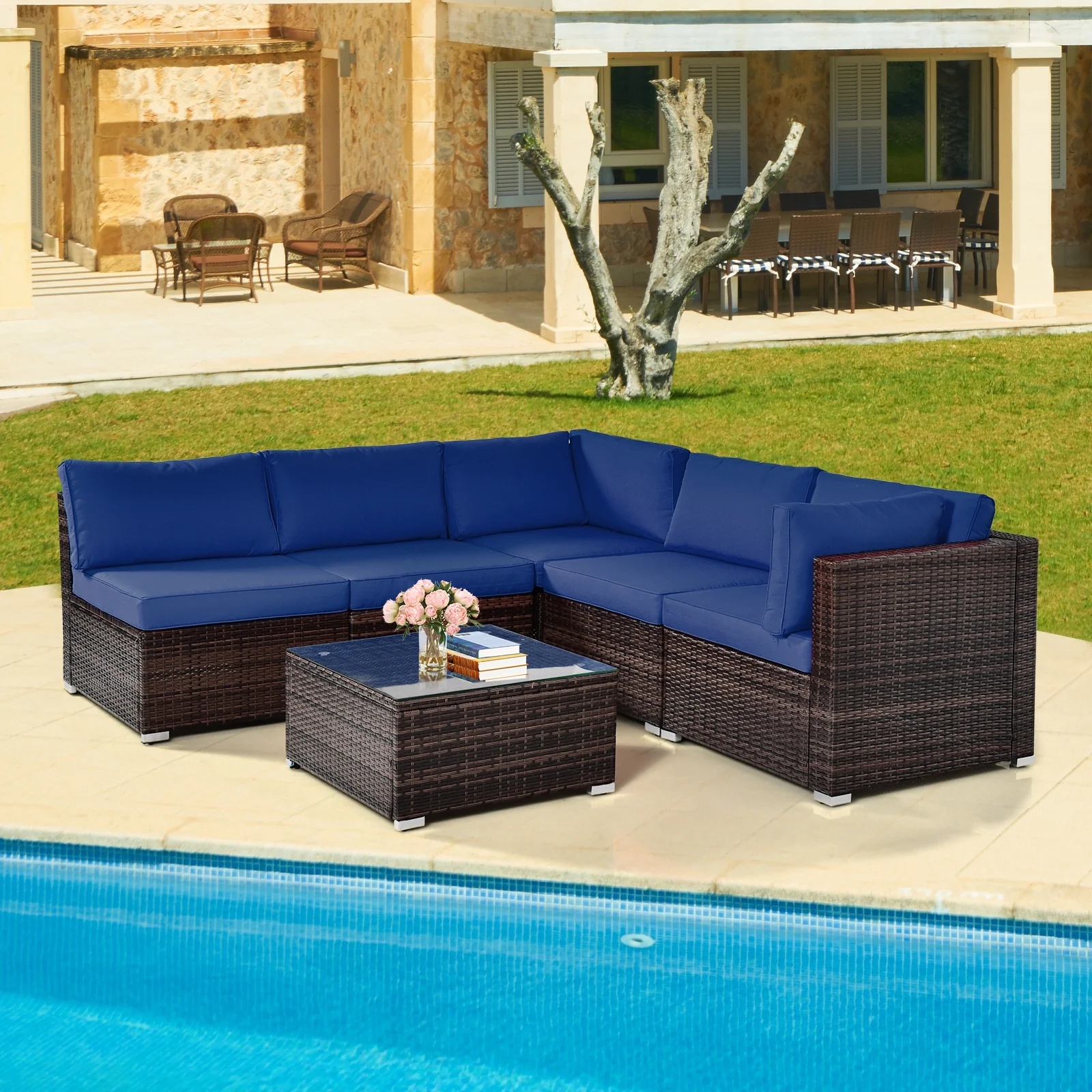 6-Piece Patio Rattan Furniture Set, With Cushions And Glass Coffee Table, Navy - Image 3