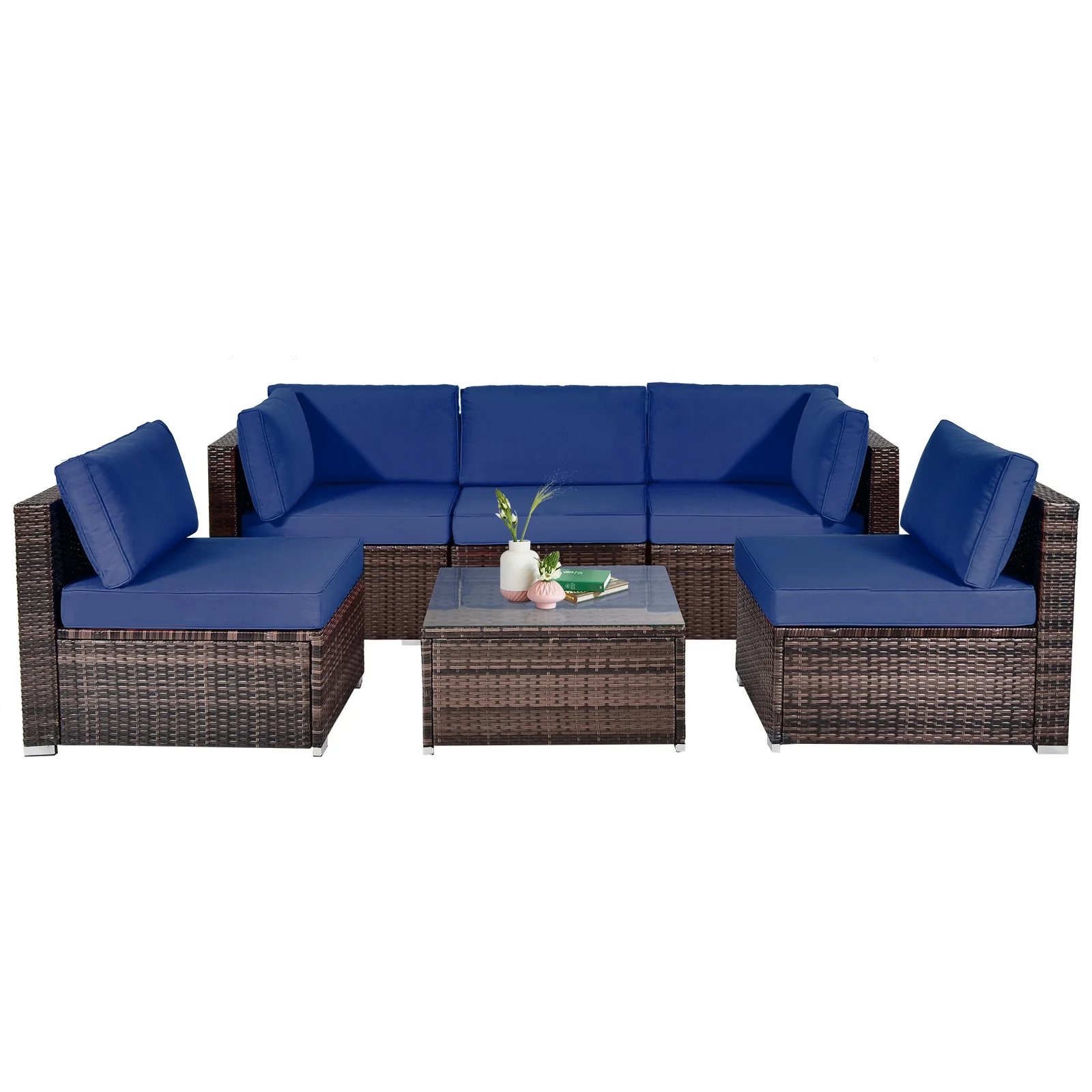 6-Piece Patio Rattan Furniture Set, With Cushions And Glass Coffee Table, Navy - Image 5