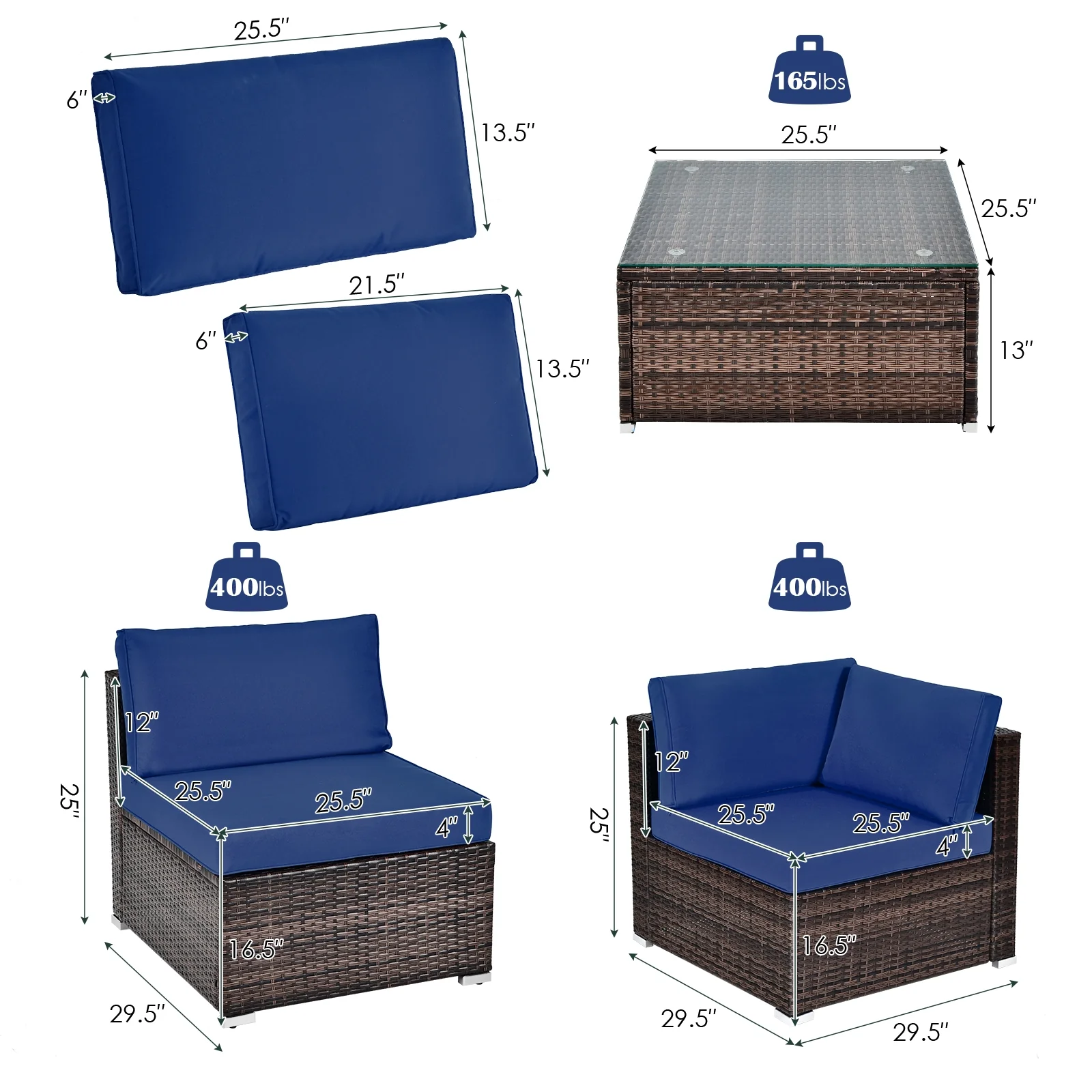 6-Piece Patio Rattan Furniture Set, With Cushions And Glass Coffee Table, Navy - Image 6