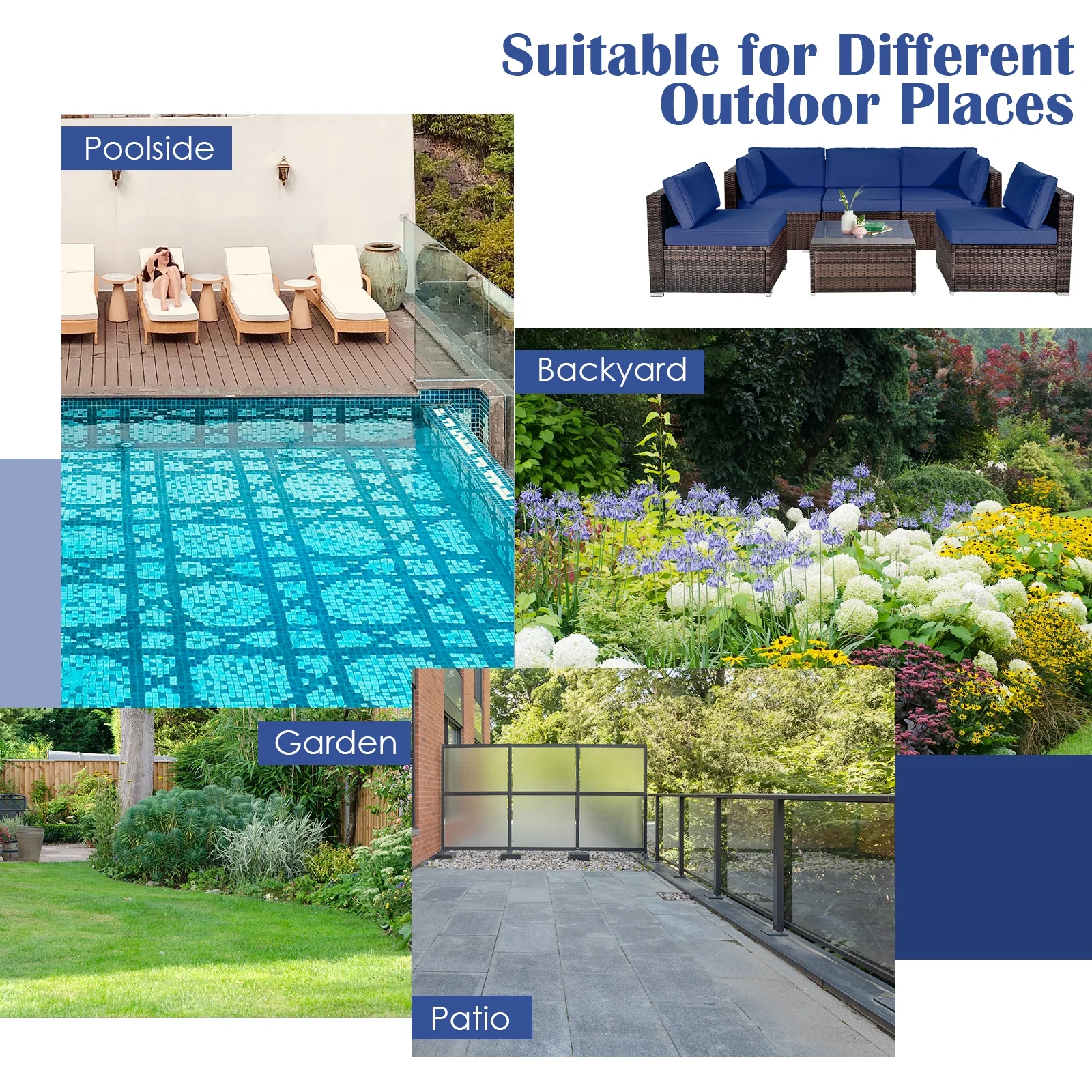 6-Piece Patio Rattan Furniture Set, With Cushions And Glass Coffee Table, Navy - Image 7