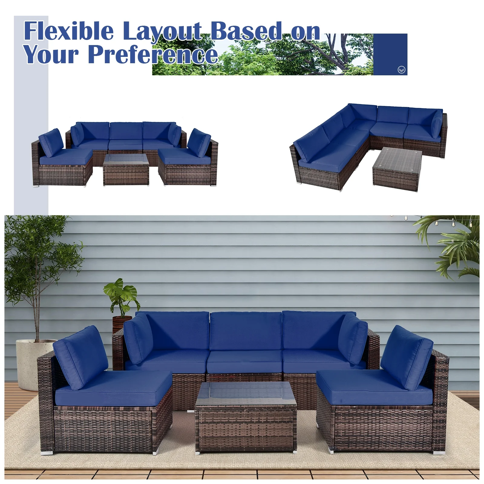 6-Piece Patio Rattan Furniture Set, With Cushions And Glass Coffee Table, Navy - Image 8