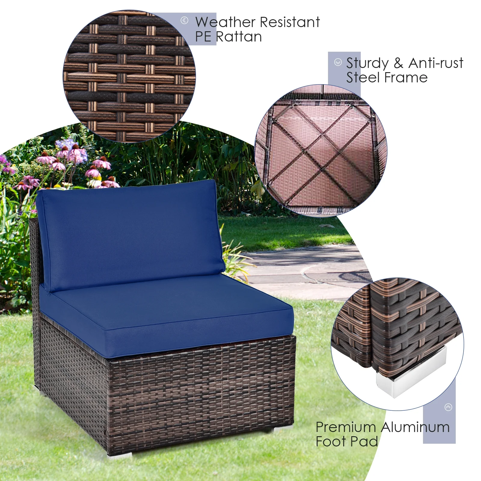 6-Piece Patio Rattan Furniture Set, With Cushions And Glass Coffee Table, Navy - Image 9