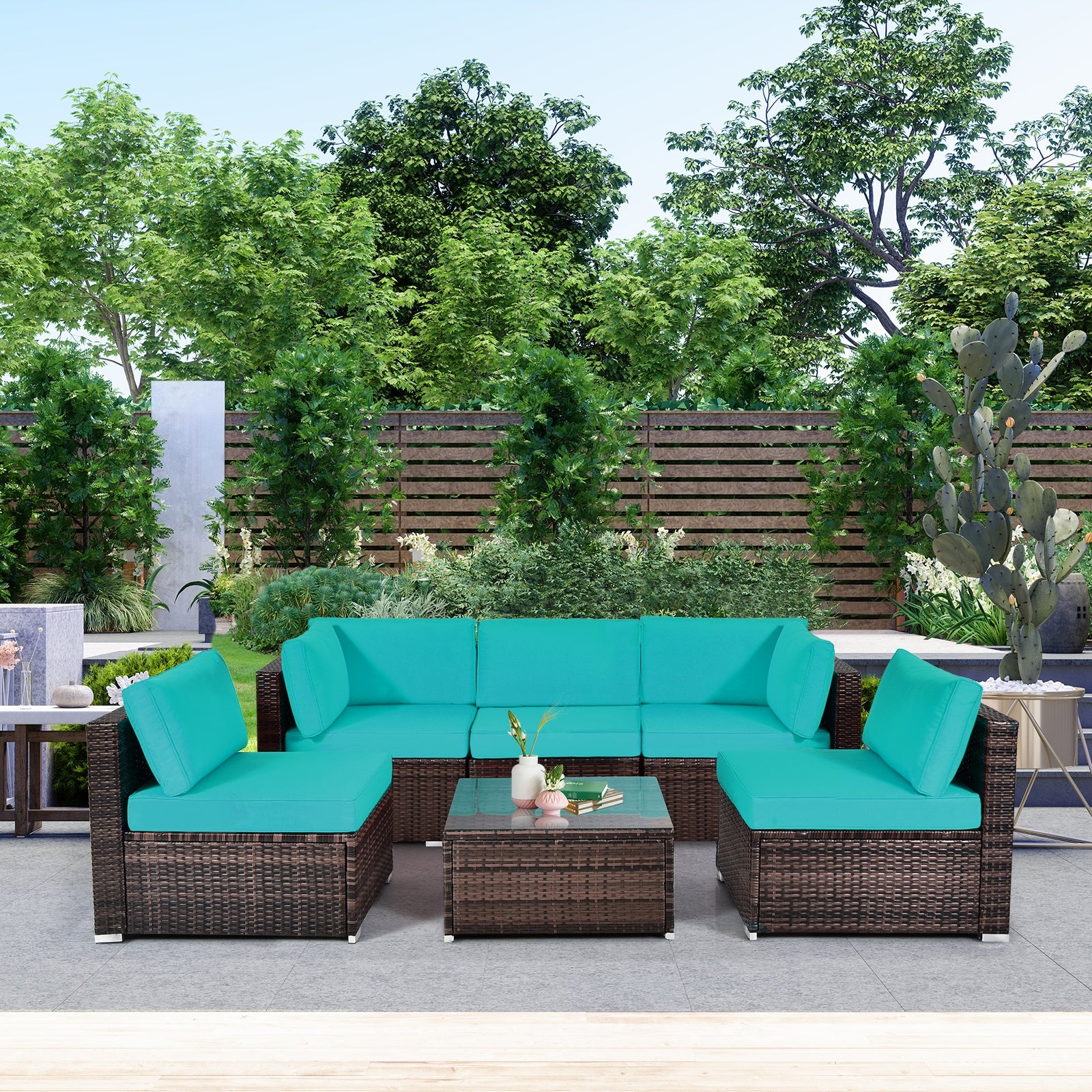6-Piece Patio Rattan Furniture Set, With Cushions And Glass Table, Blue - Image 2