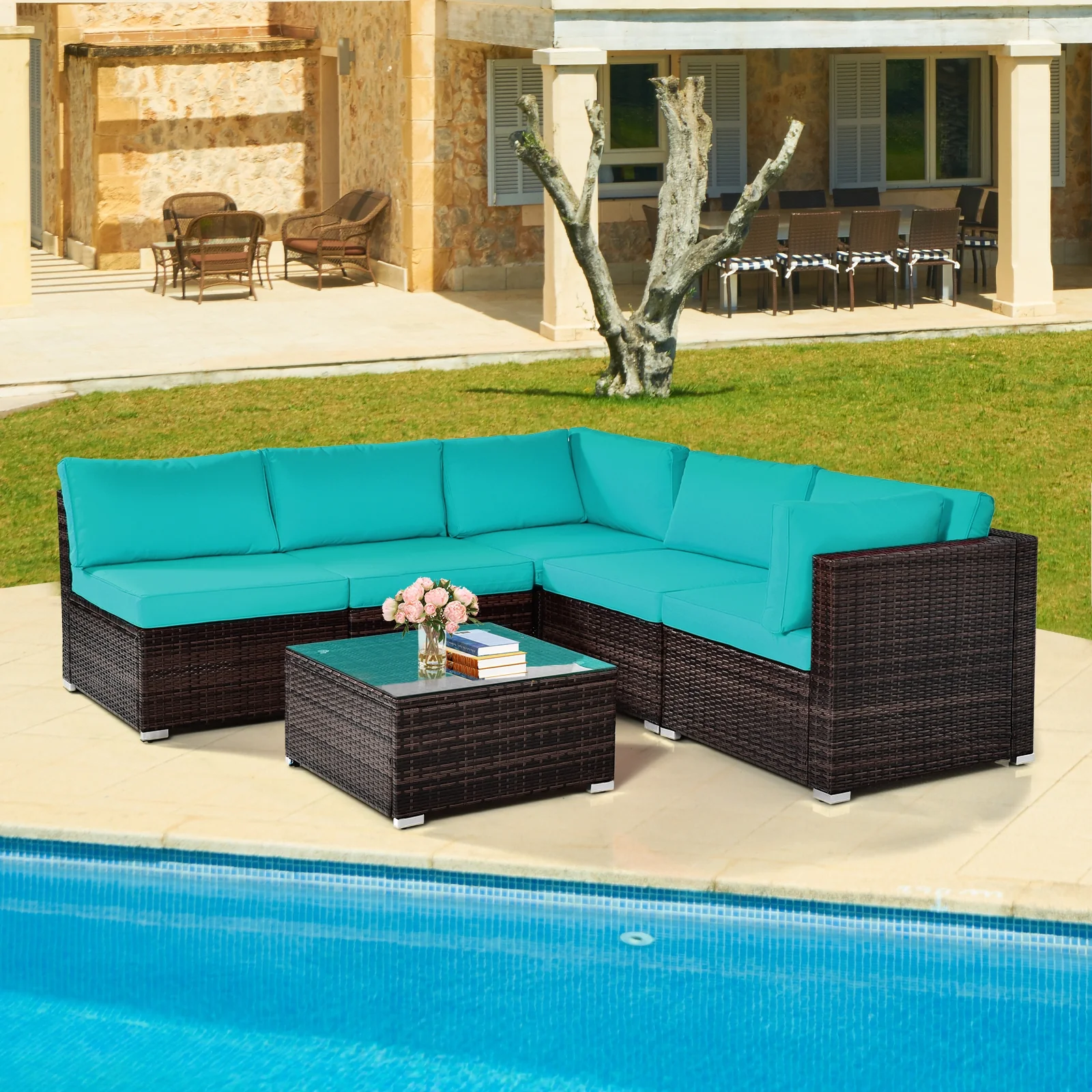 6-Piece Patio Rattan Furniture Set, With Cushions And Glass Table, Blue - Image 3