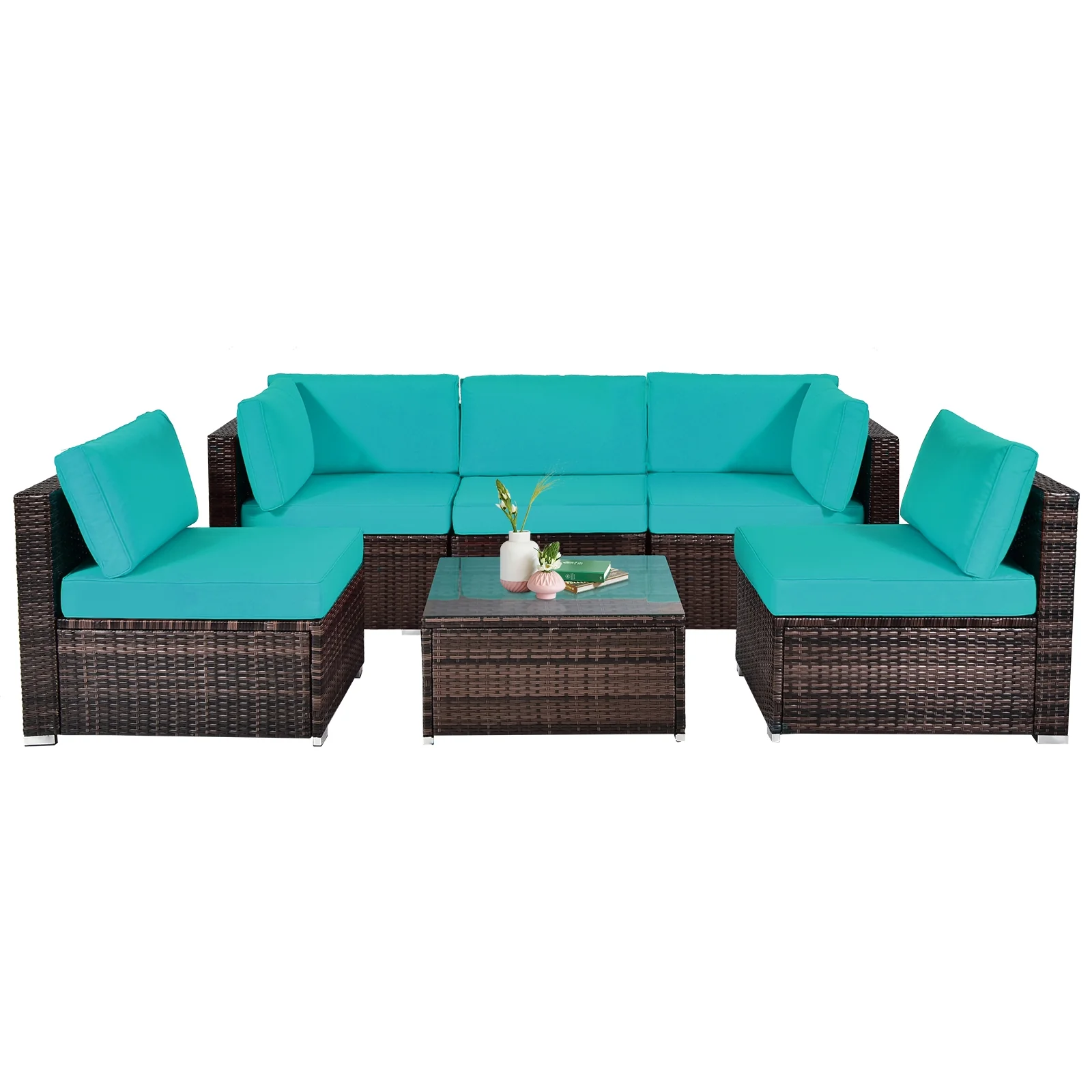 6-Piece Patio Rattan Furniture Set, With Cushions And Glass Table, Blue - Image 4
