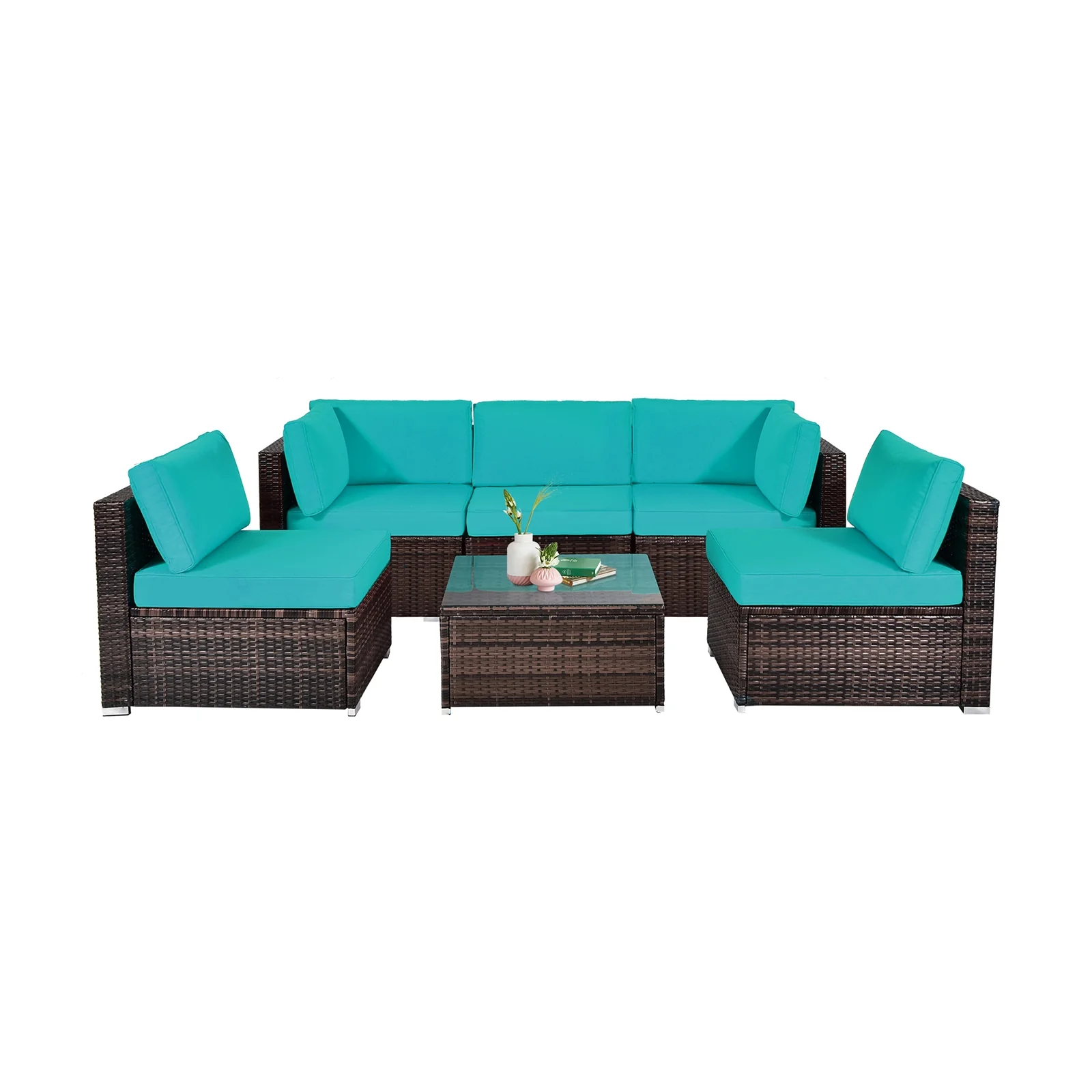 6-Piece Patio Rattan Furniture Set, With Cushions And Glass Table, Blue - Image 5
