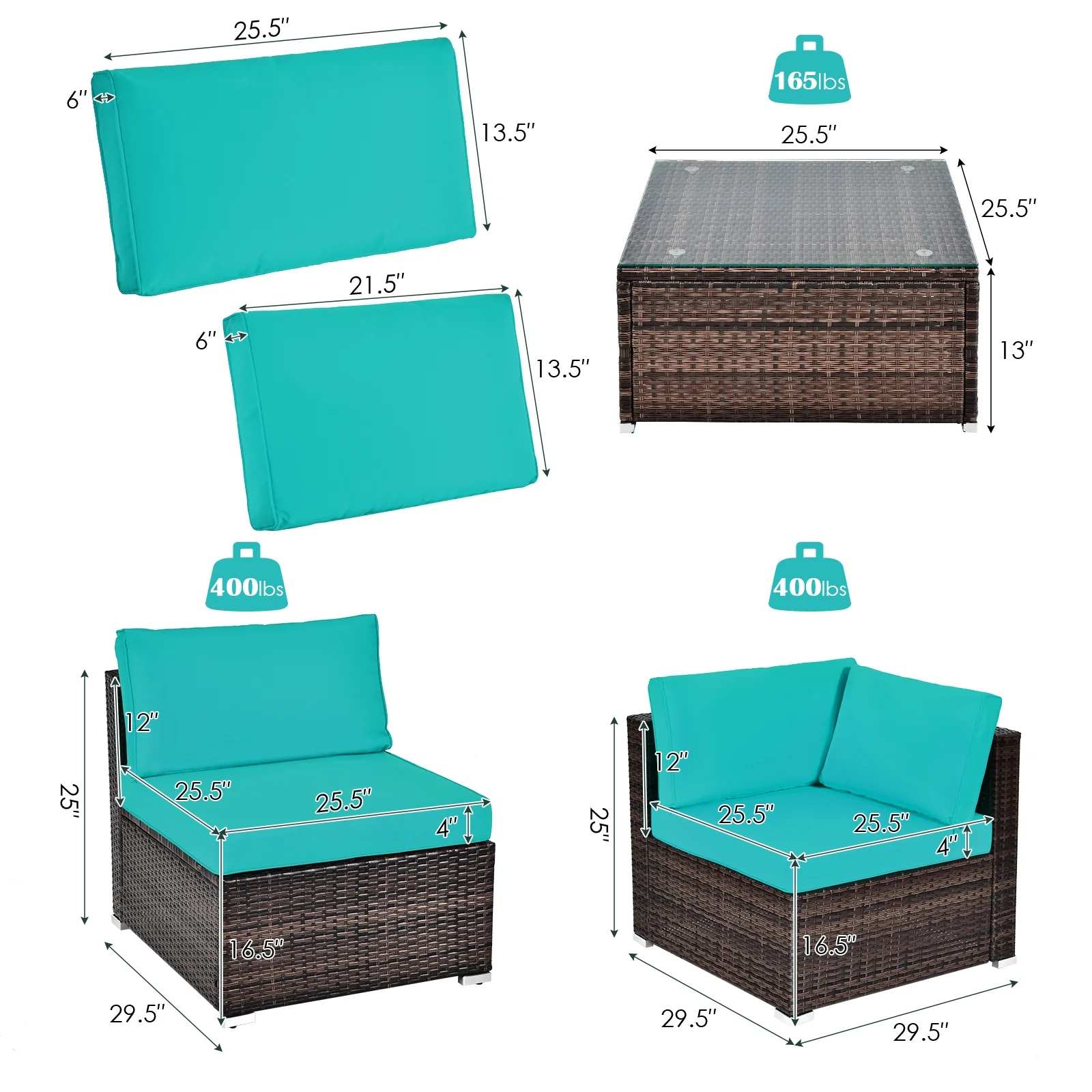 6-Piece Patio Rattan Furniture Set, With Cushions And Glass Table, Blue - Image 6