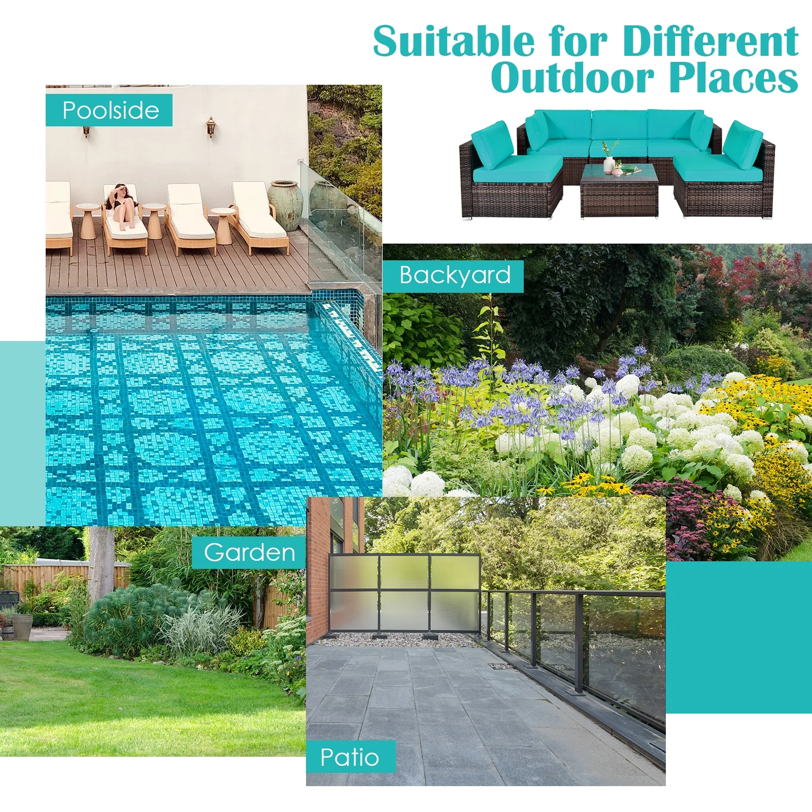 6-Piece Patio Rattan Furniture Set, With Cushions And Glass Table, Blue - Image 7